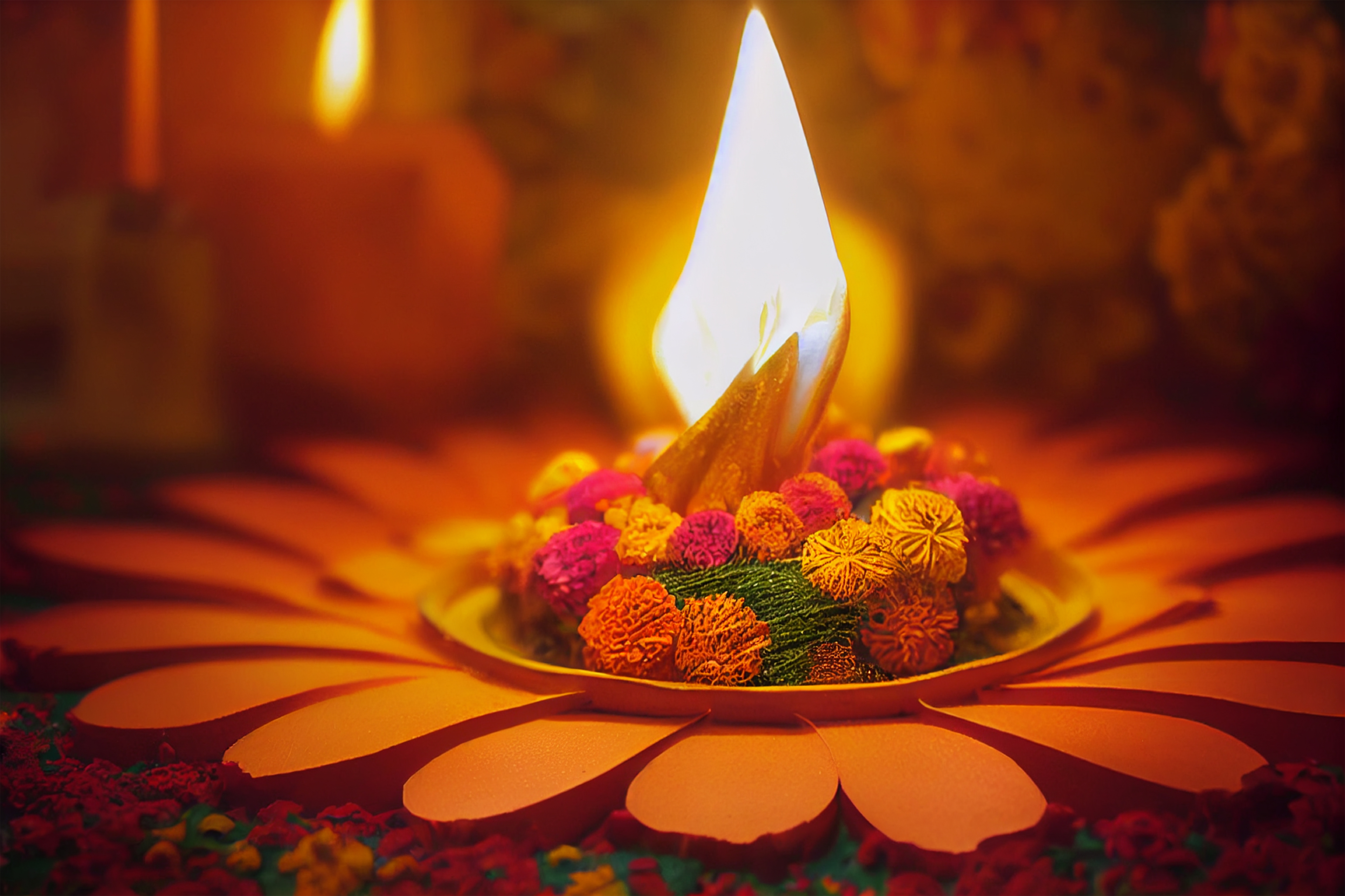 Happy Diwali Background with Diya and Rangoli Design Image