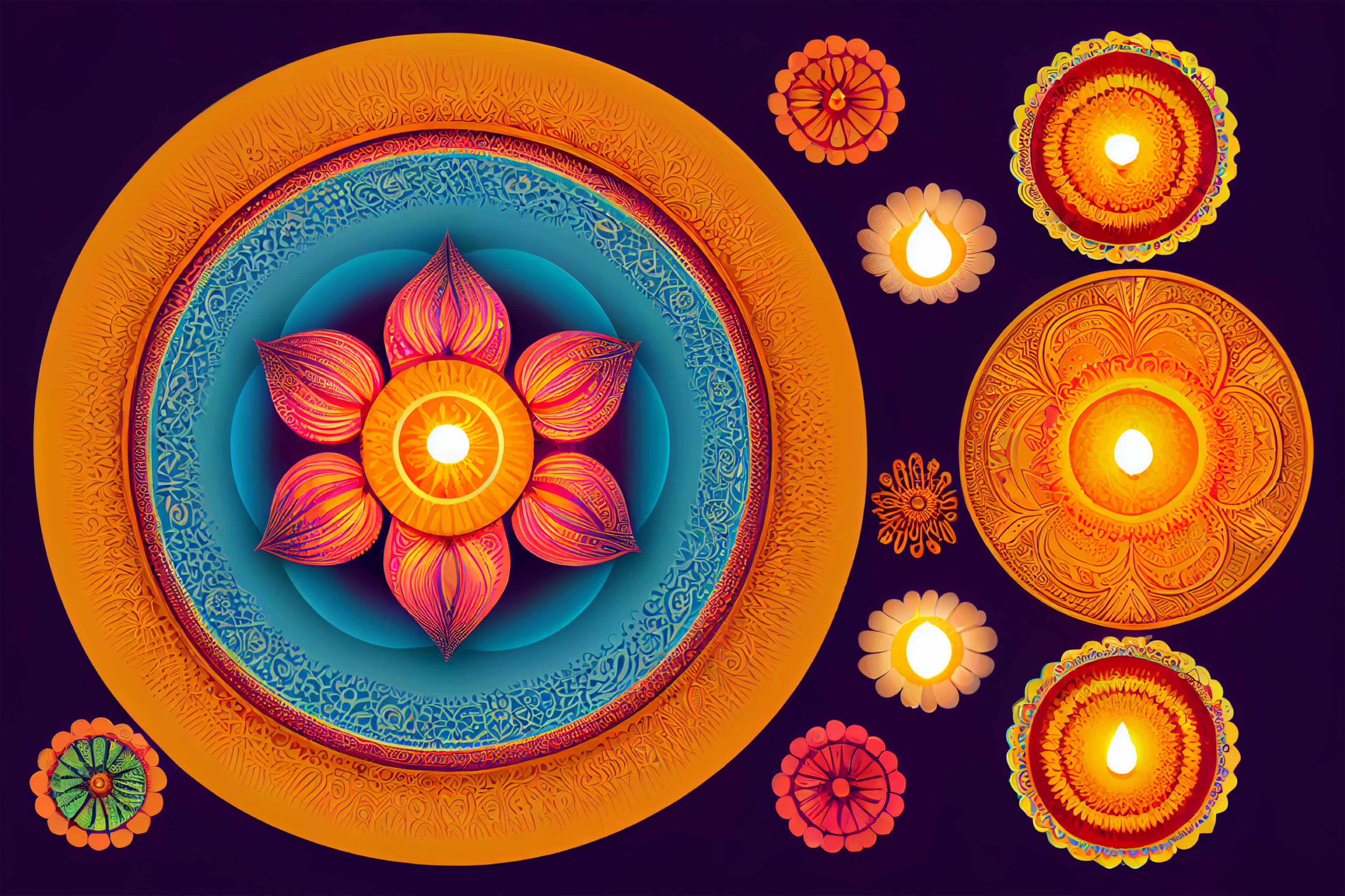Happy Diwali Background with Diya and Rangoli Design Image