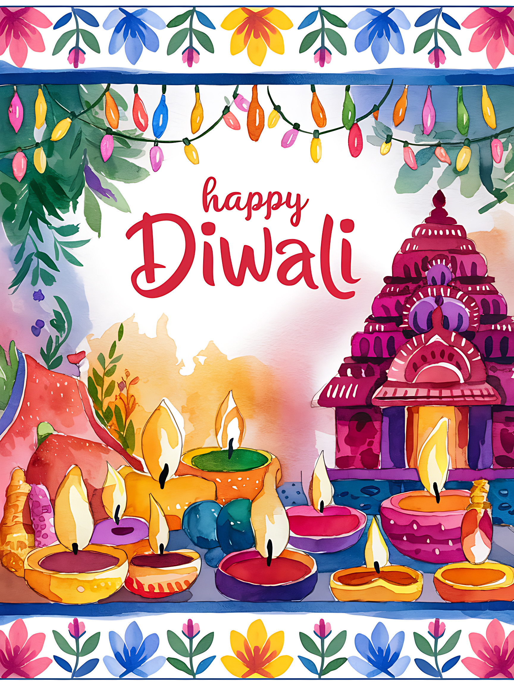 Cute Watercolor Diwali Greeting Card