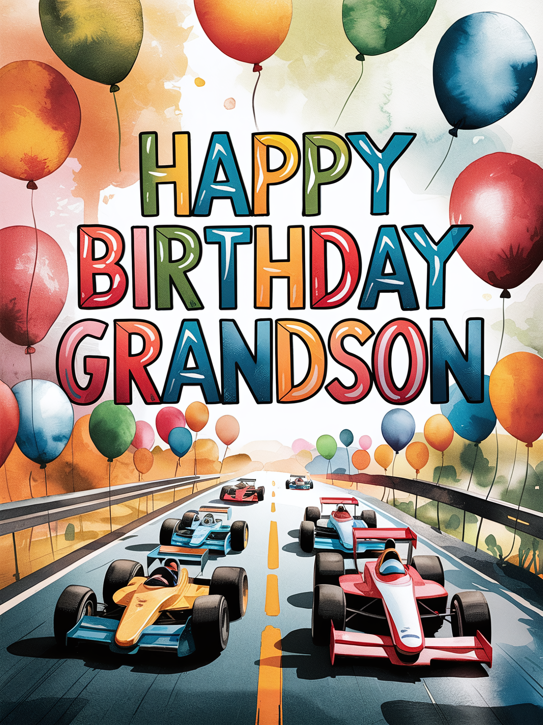 Watercolor Happy Birthday Grandson Card with Race Cars