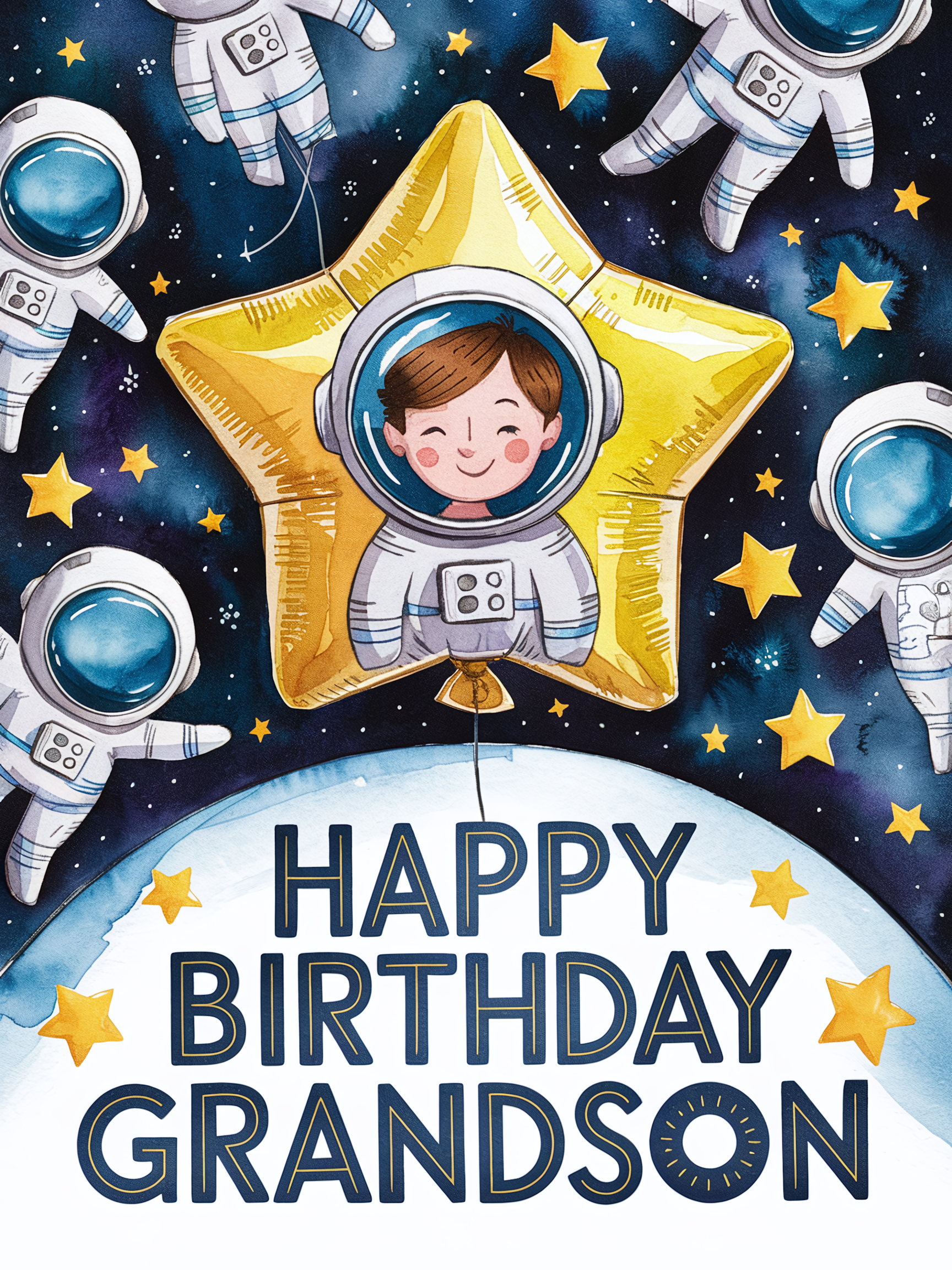 Watercolor Space Birthday Card for Grandson