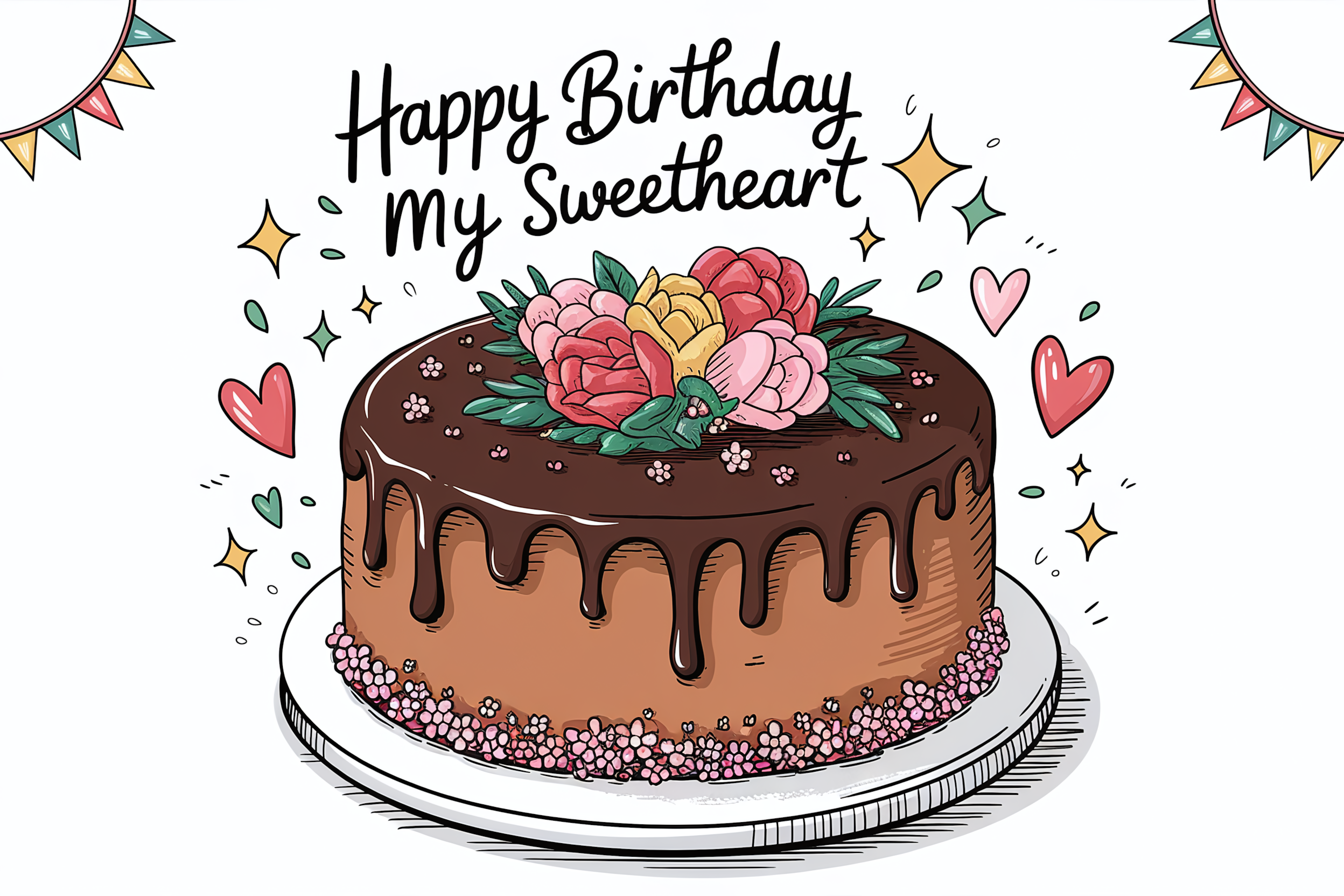 Hand Drawn Birthday Cake with Chocolate Drip and Flowers