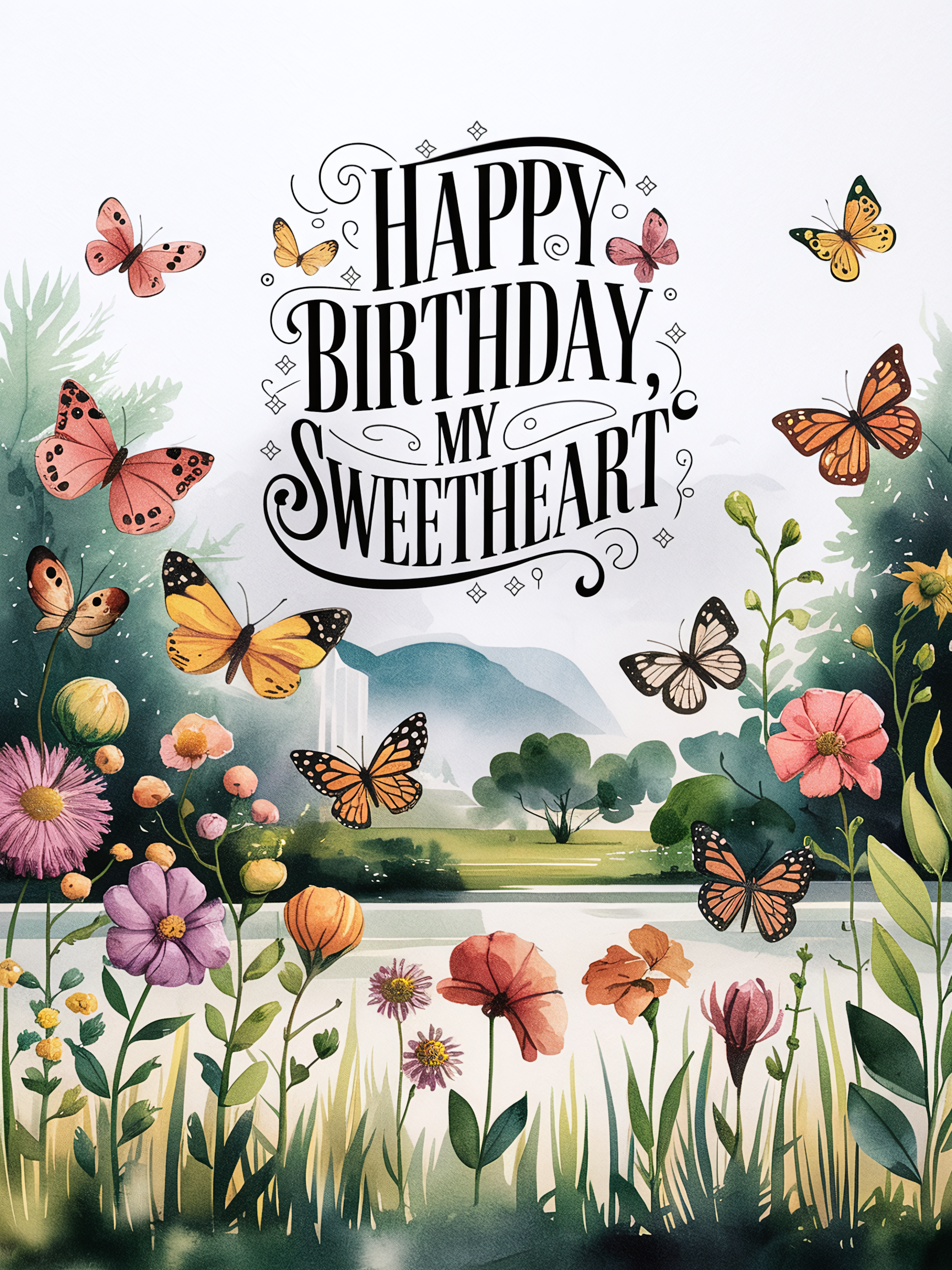 Watercolor Birthday Card with Butterflies and Flowers