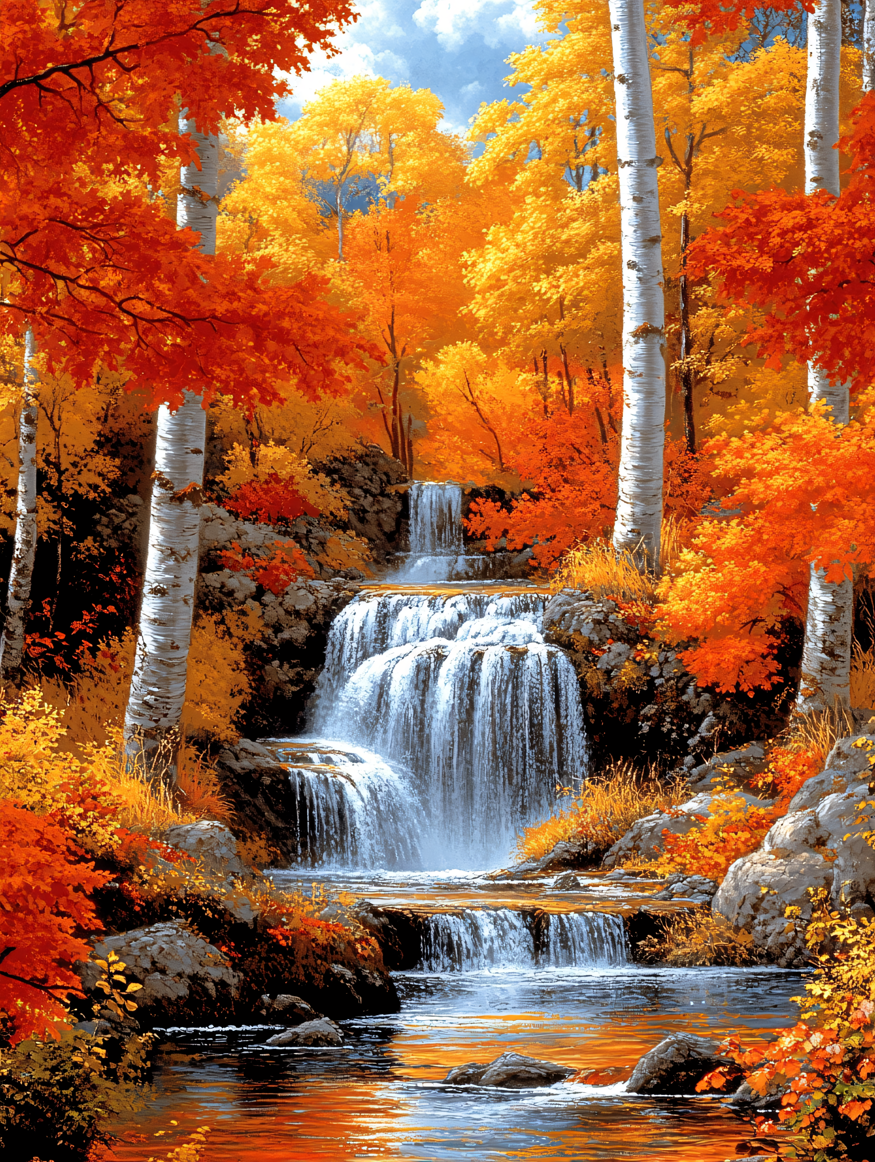 Autumn Waterfall in Birch Forest
