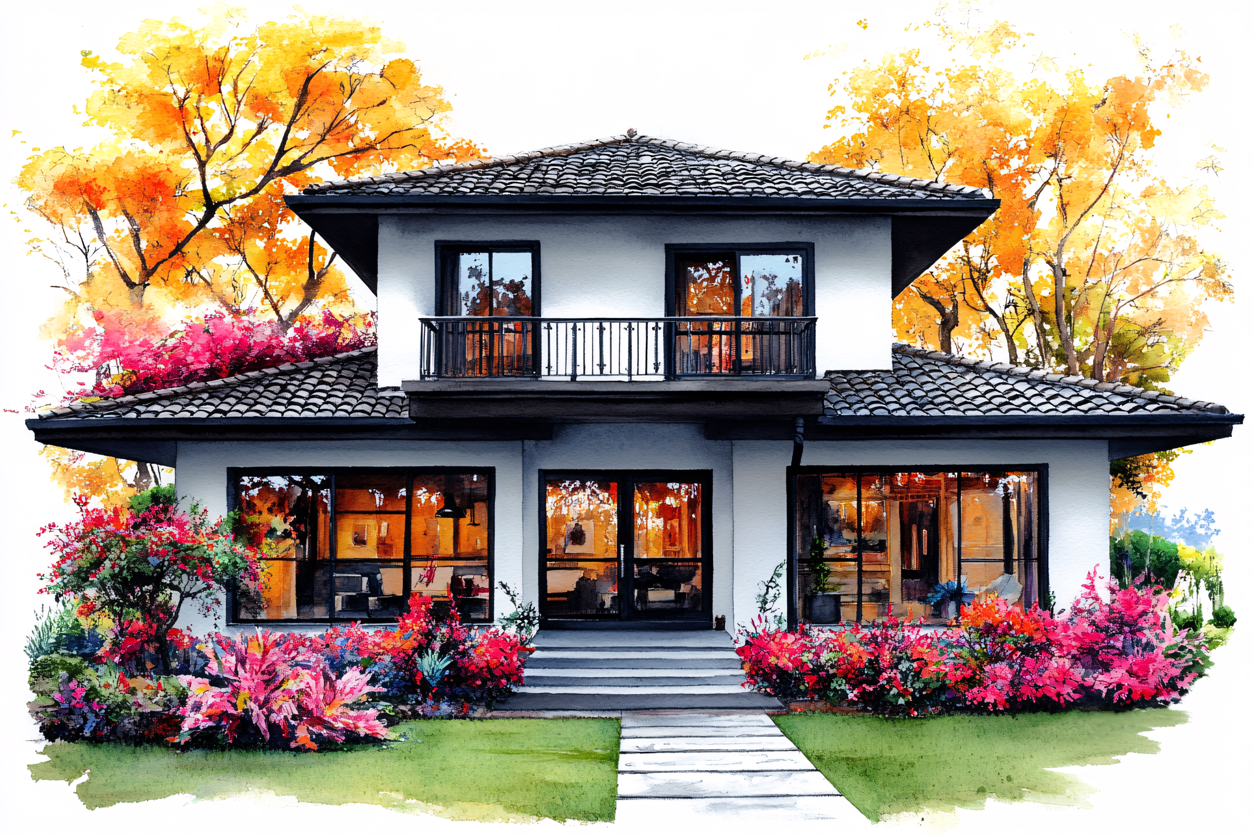 Autumnal House Watercolor