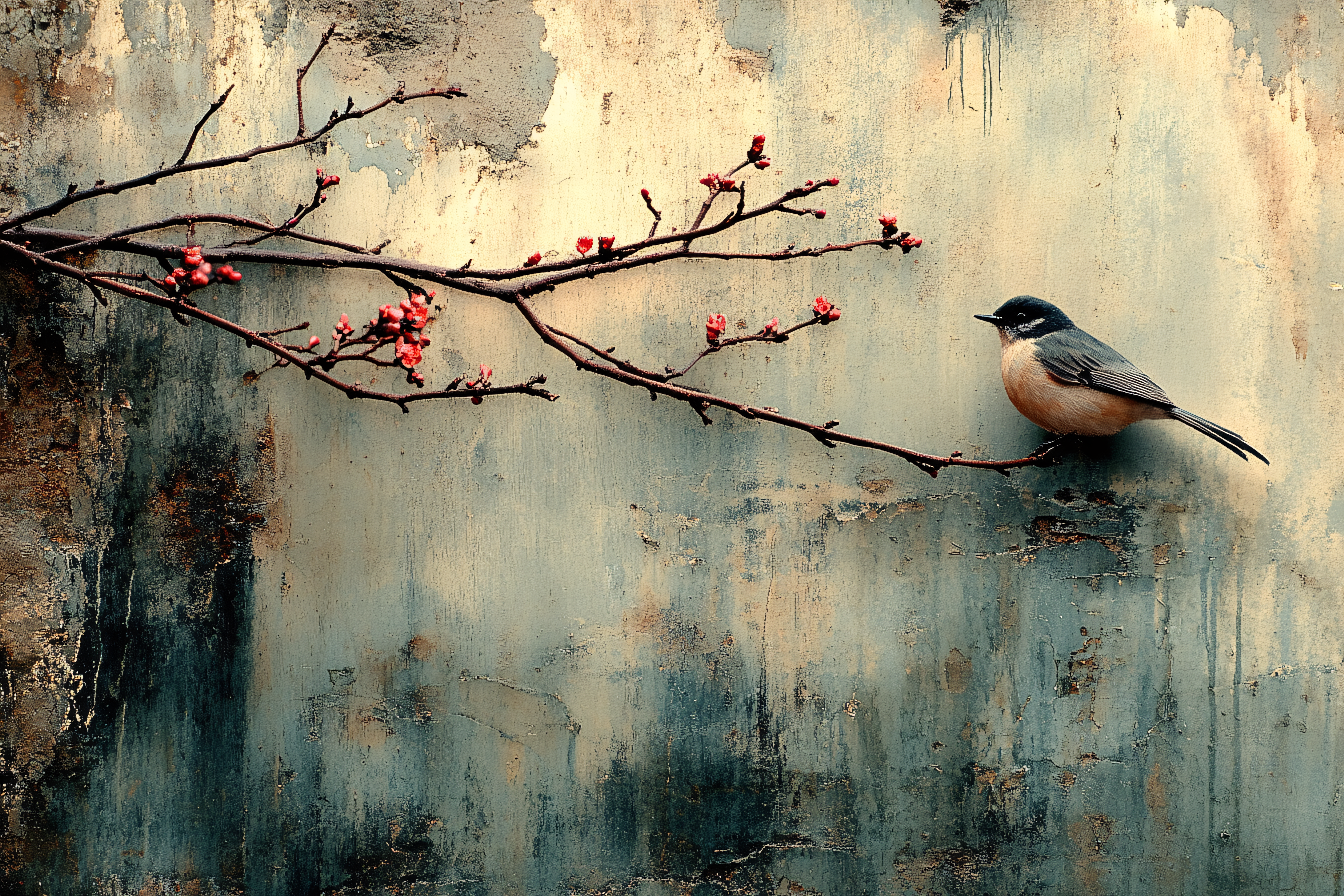 Bird Perched on Blossoming Branch