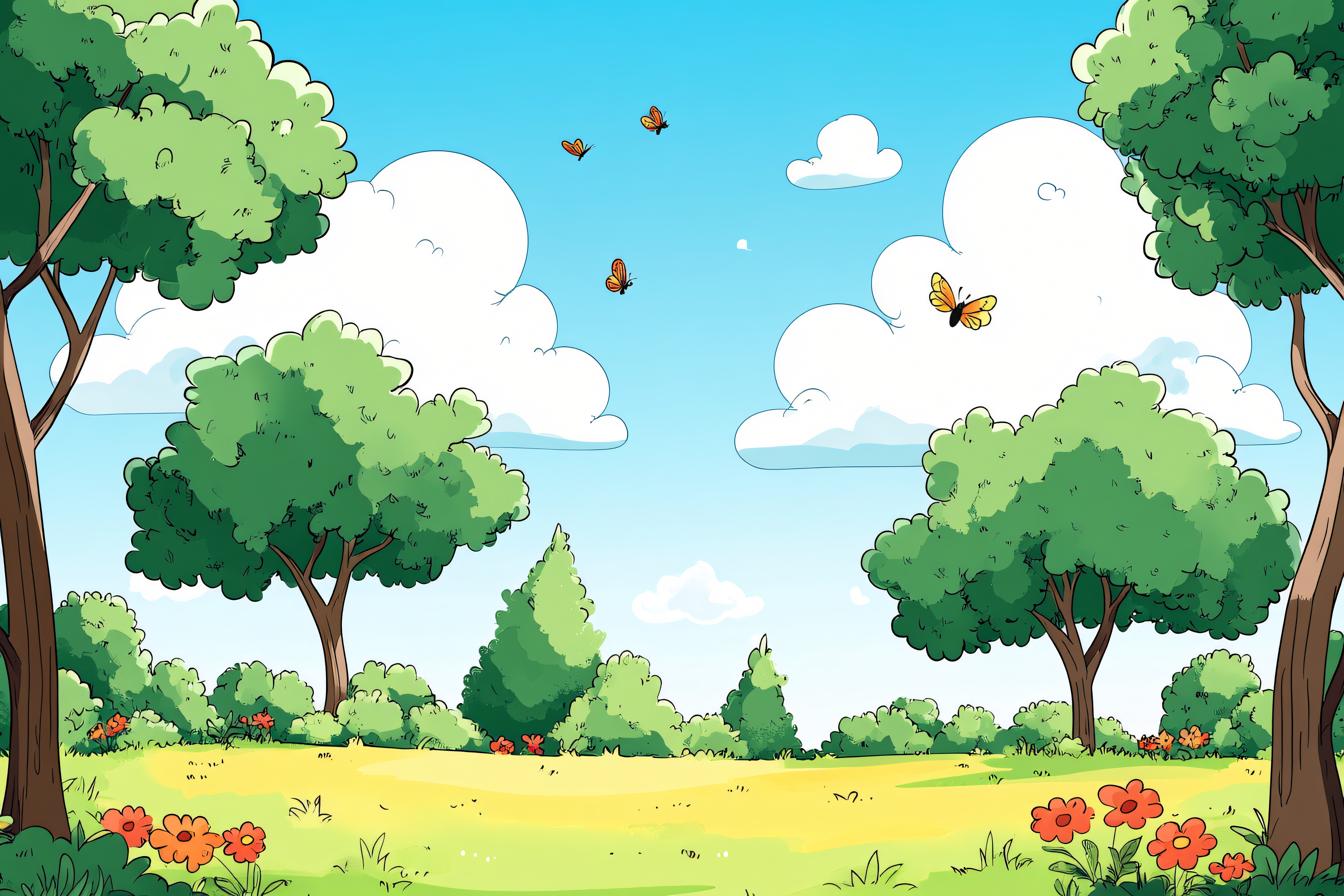 Cartoon Landscape with Butterflies