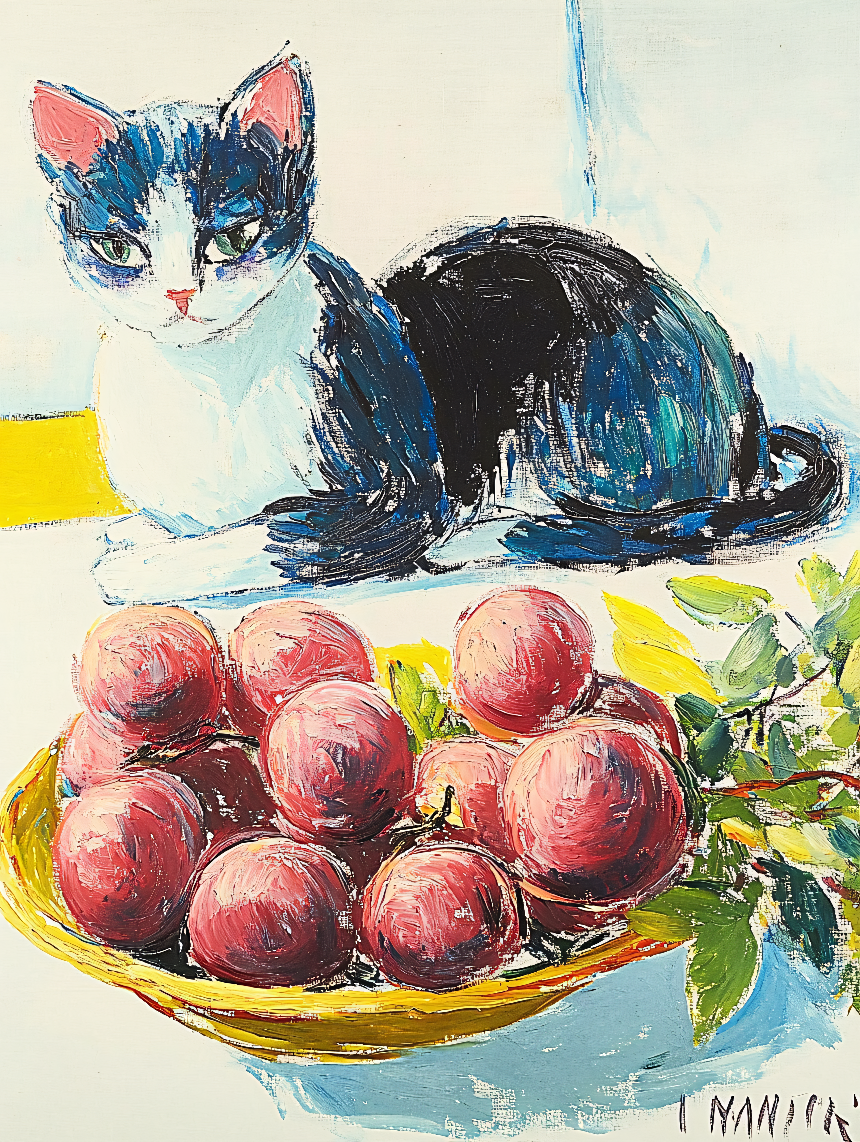 Cat with Plums Still Life