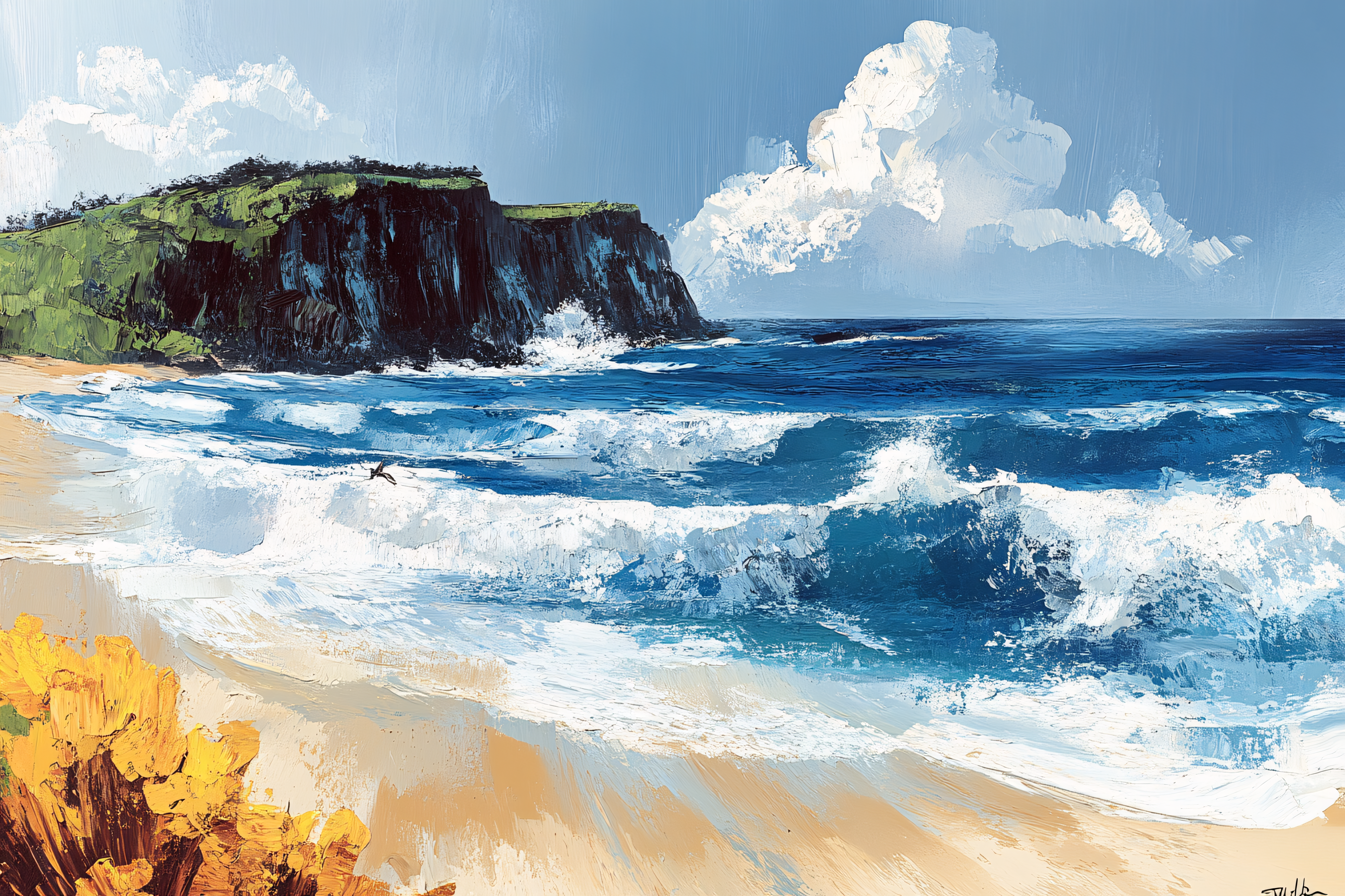 Coastal Cliff and Ocean Waves Painting