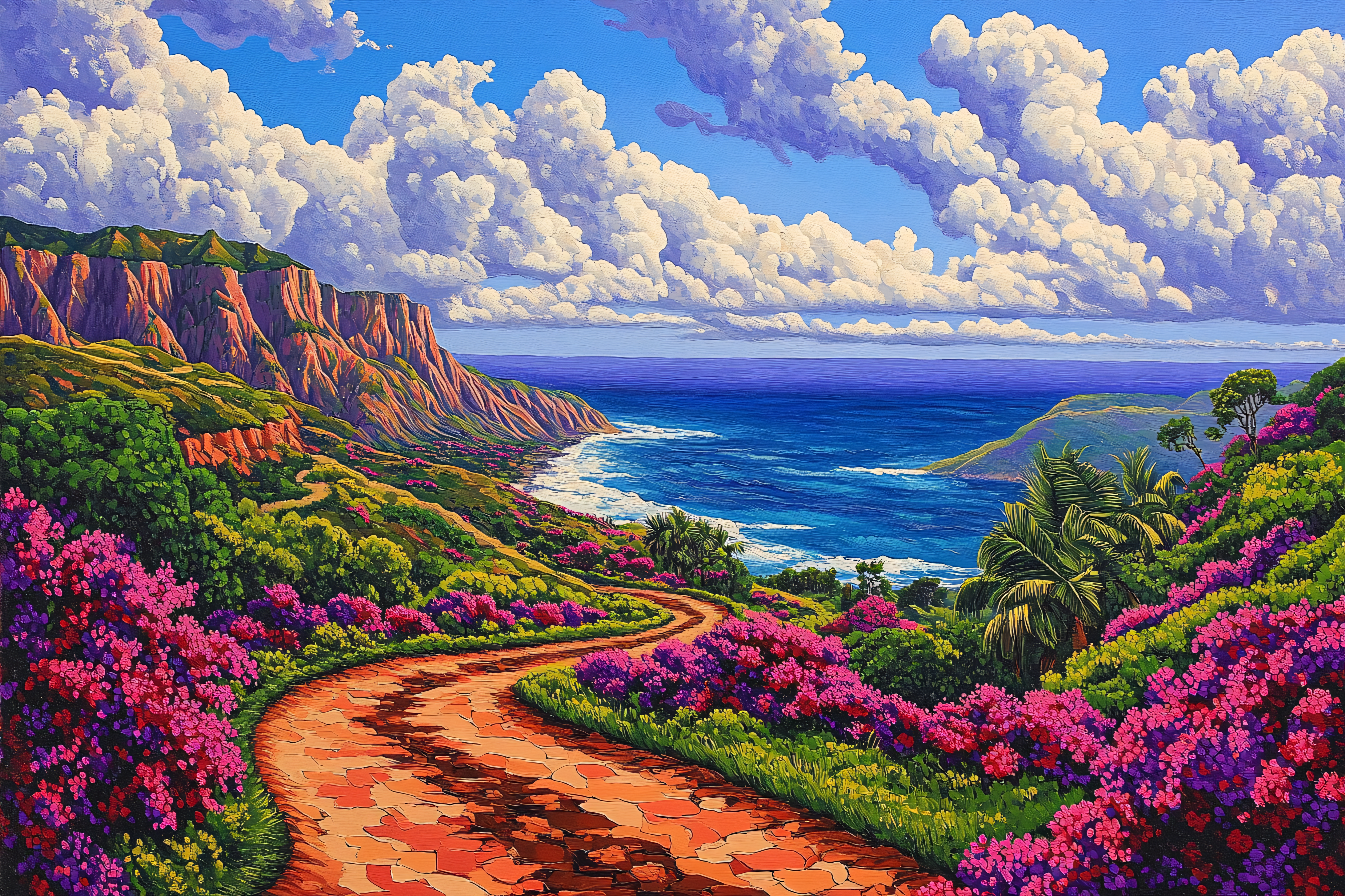 Coastal Road With Floral Borders
