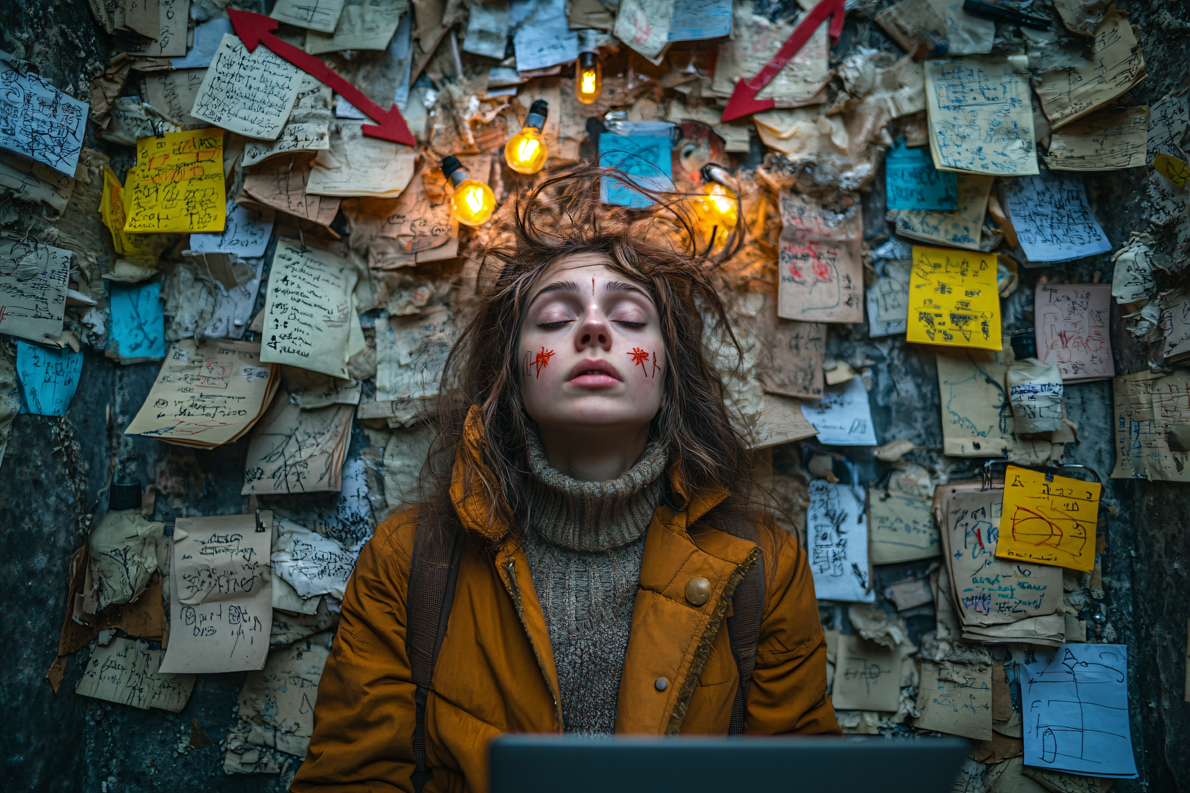 Contemplative Dreamer In Note-Covered World