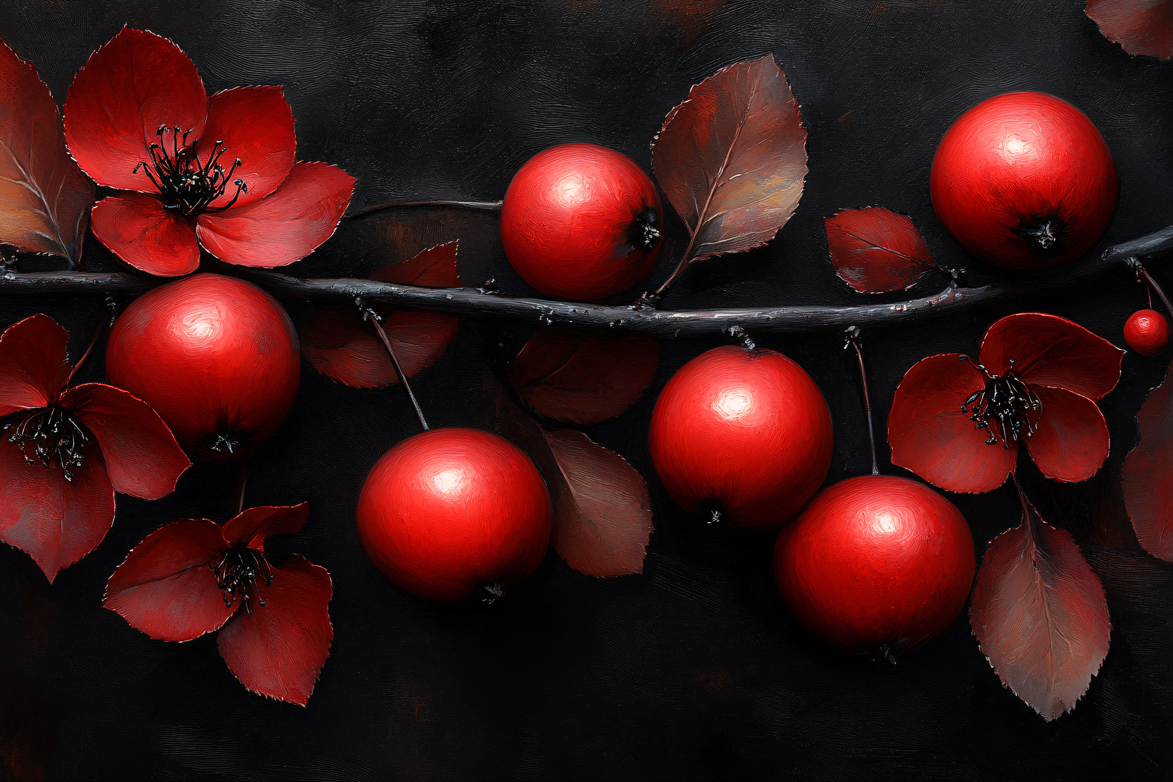 Crimson Apples and Dark Blossoms