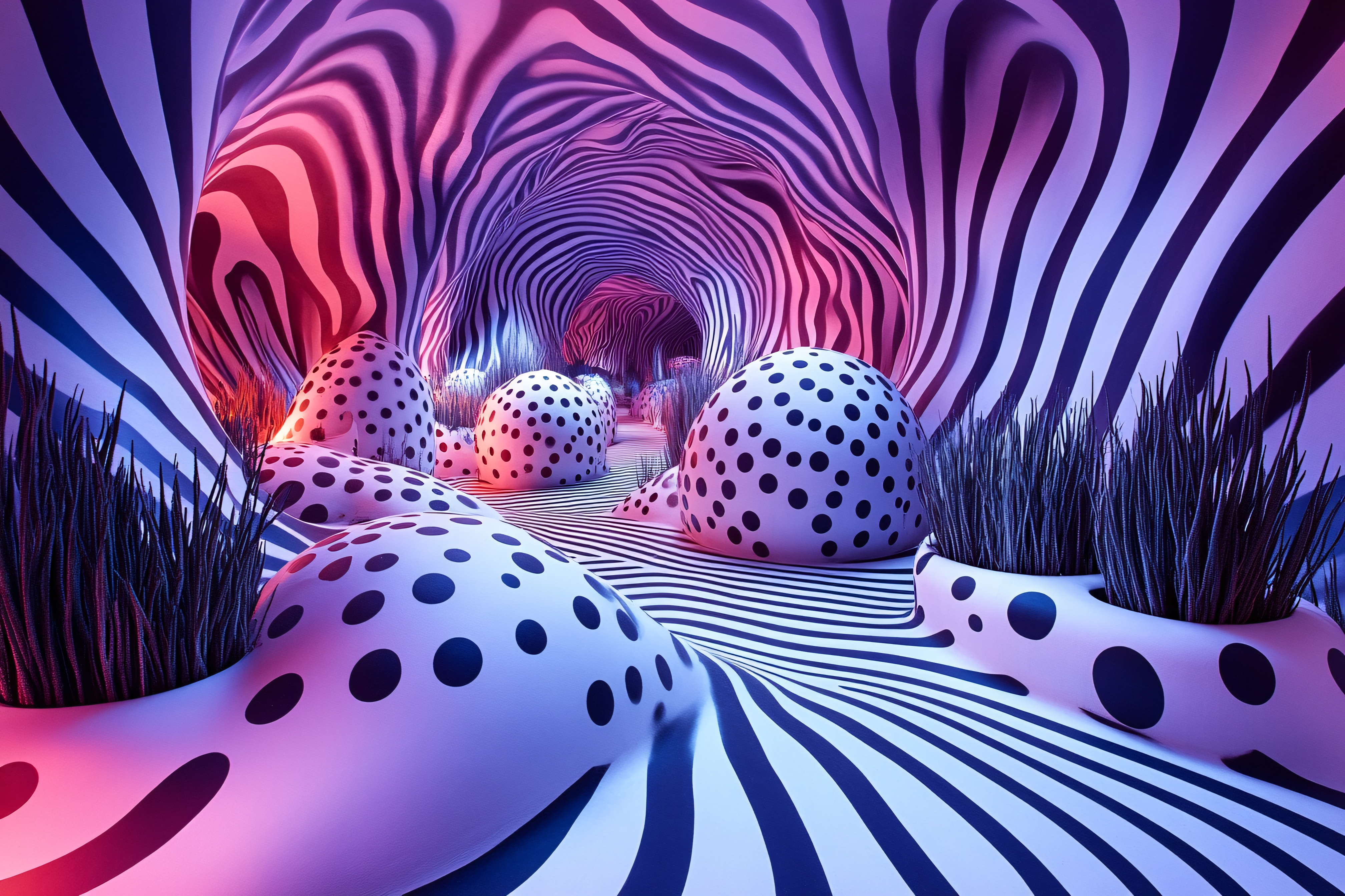Dreamlike Zebra Striped Tunnel with Polka Dot Spheres