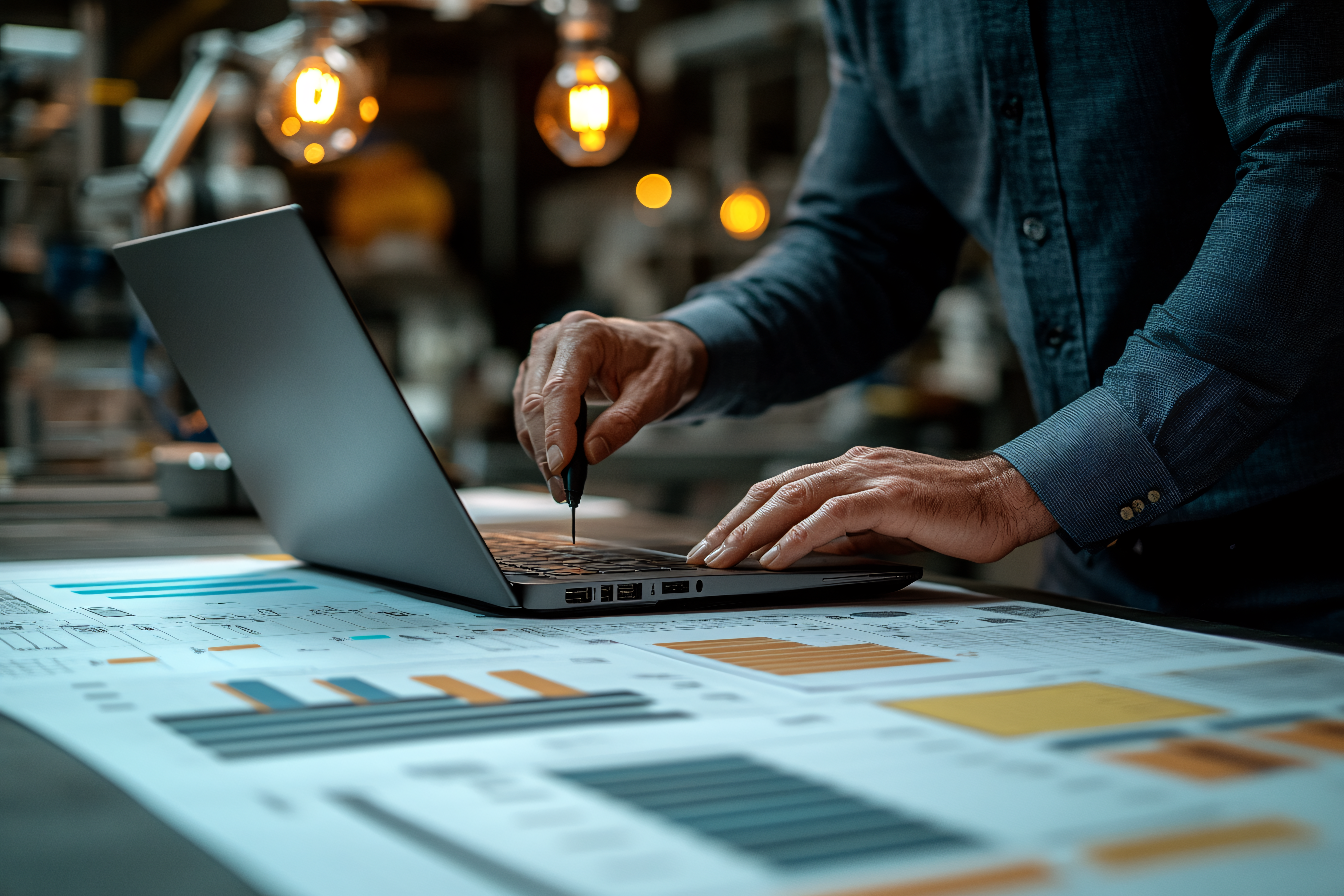 Man Working On Laptop With Charts