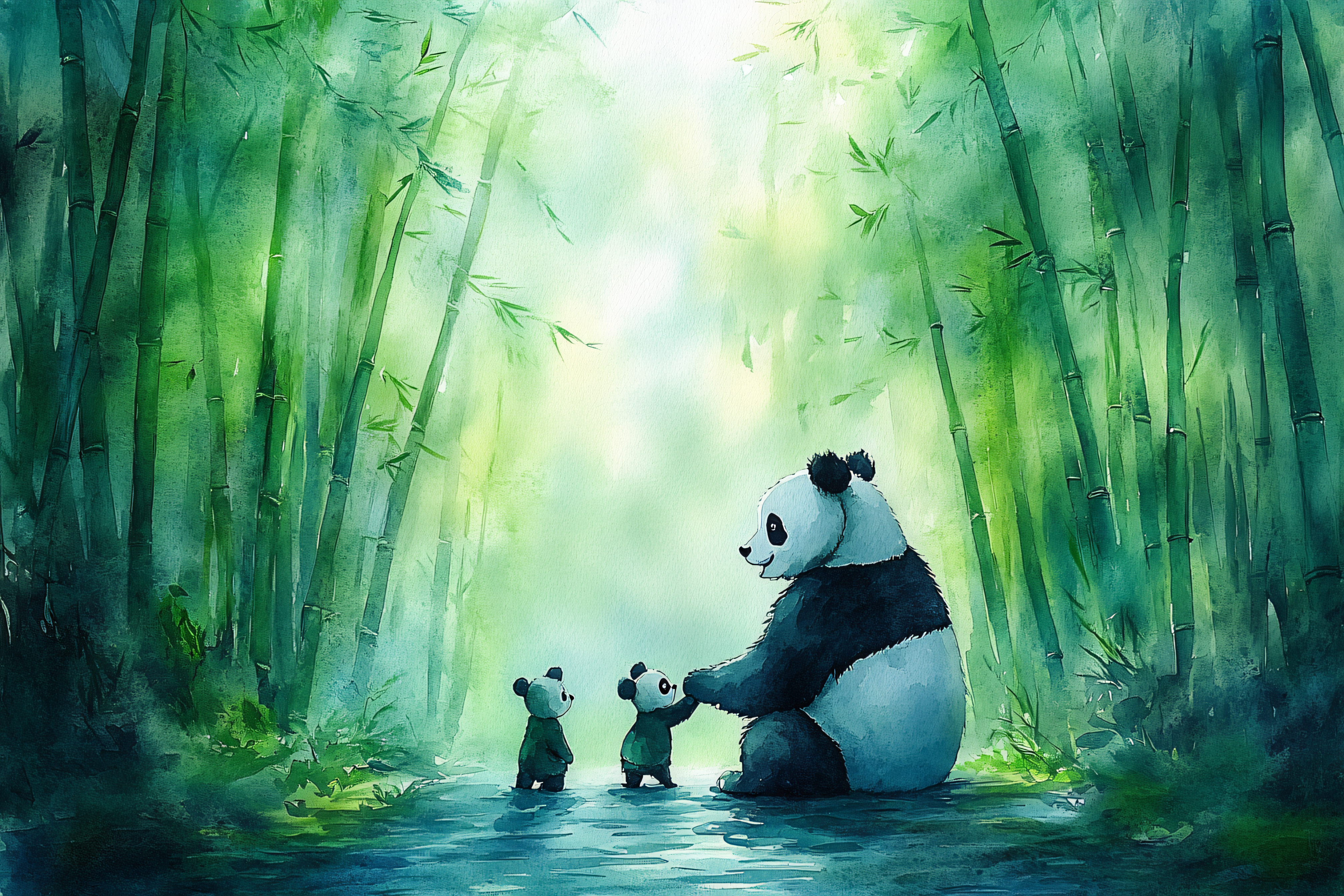 Panda Family In Bamboo Forest