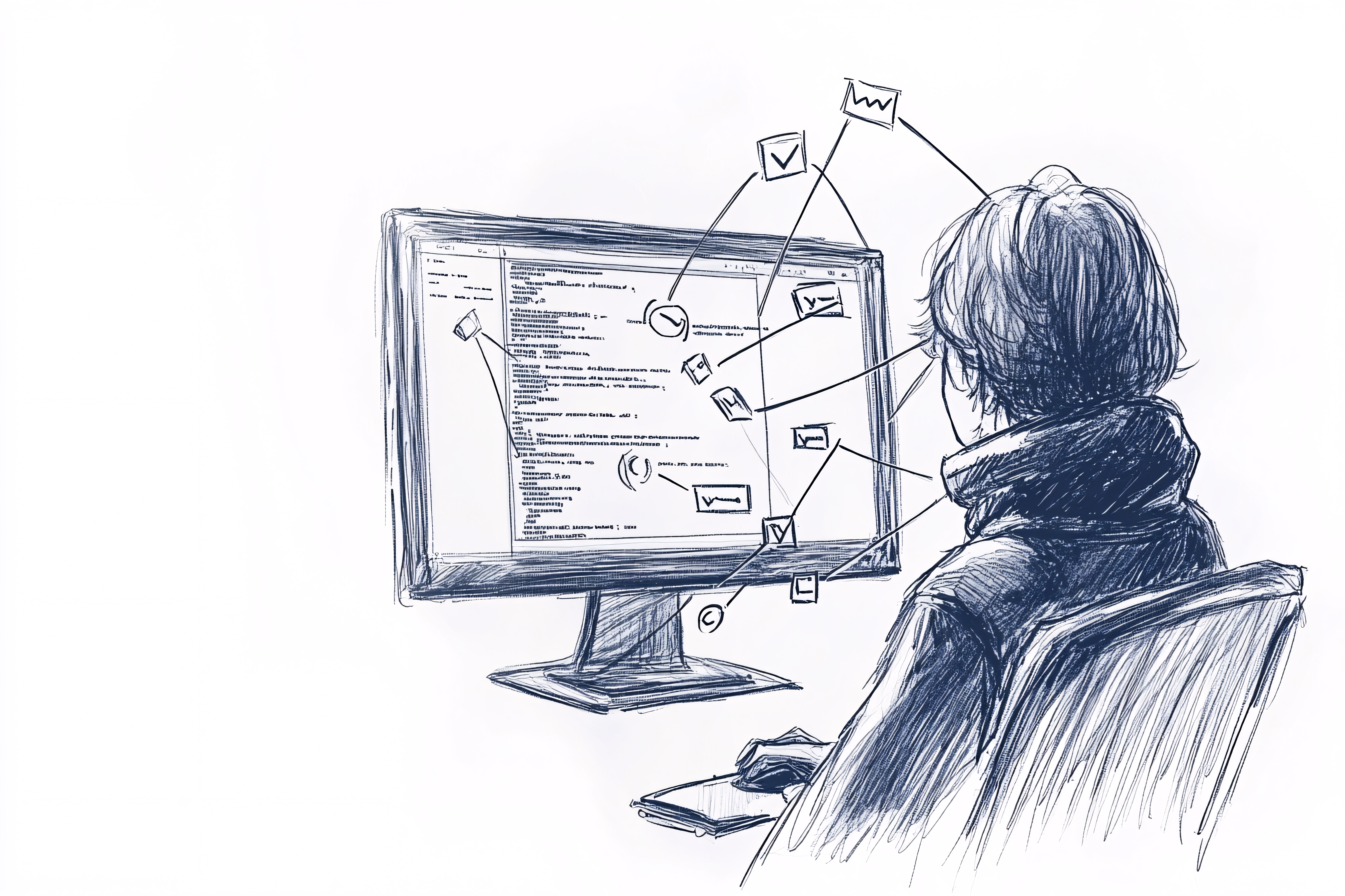 Person Working on Computer with Connected Ideas