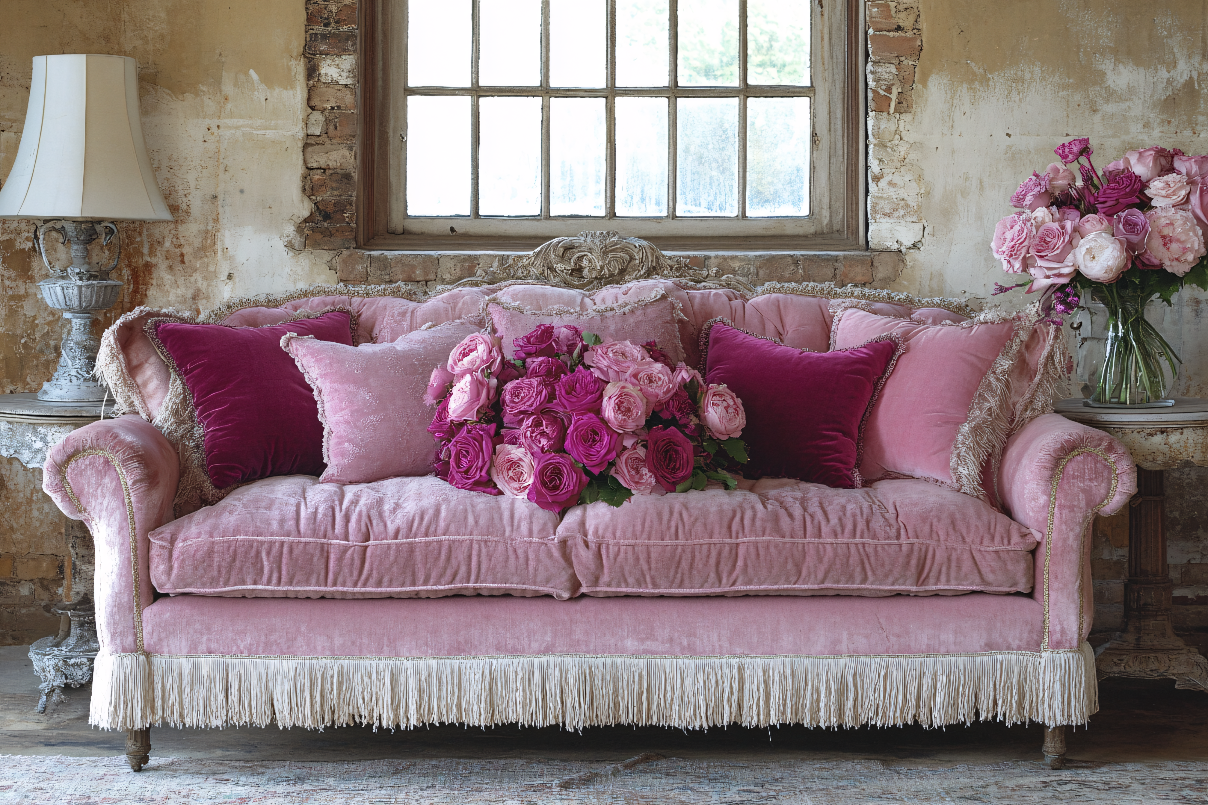 Pink Velvet Sofa with Roses