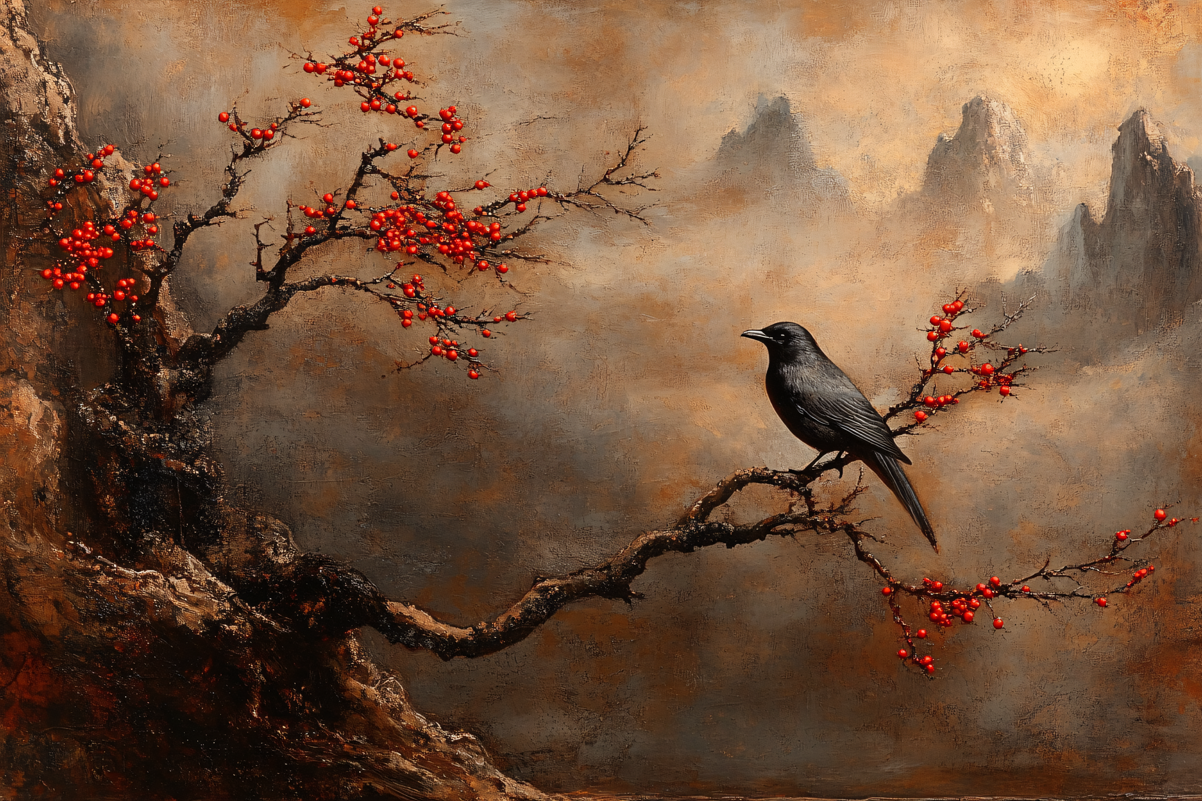 Raven Perched On Berried Branch