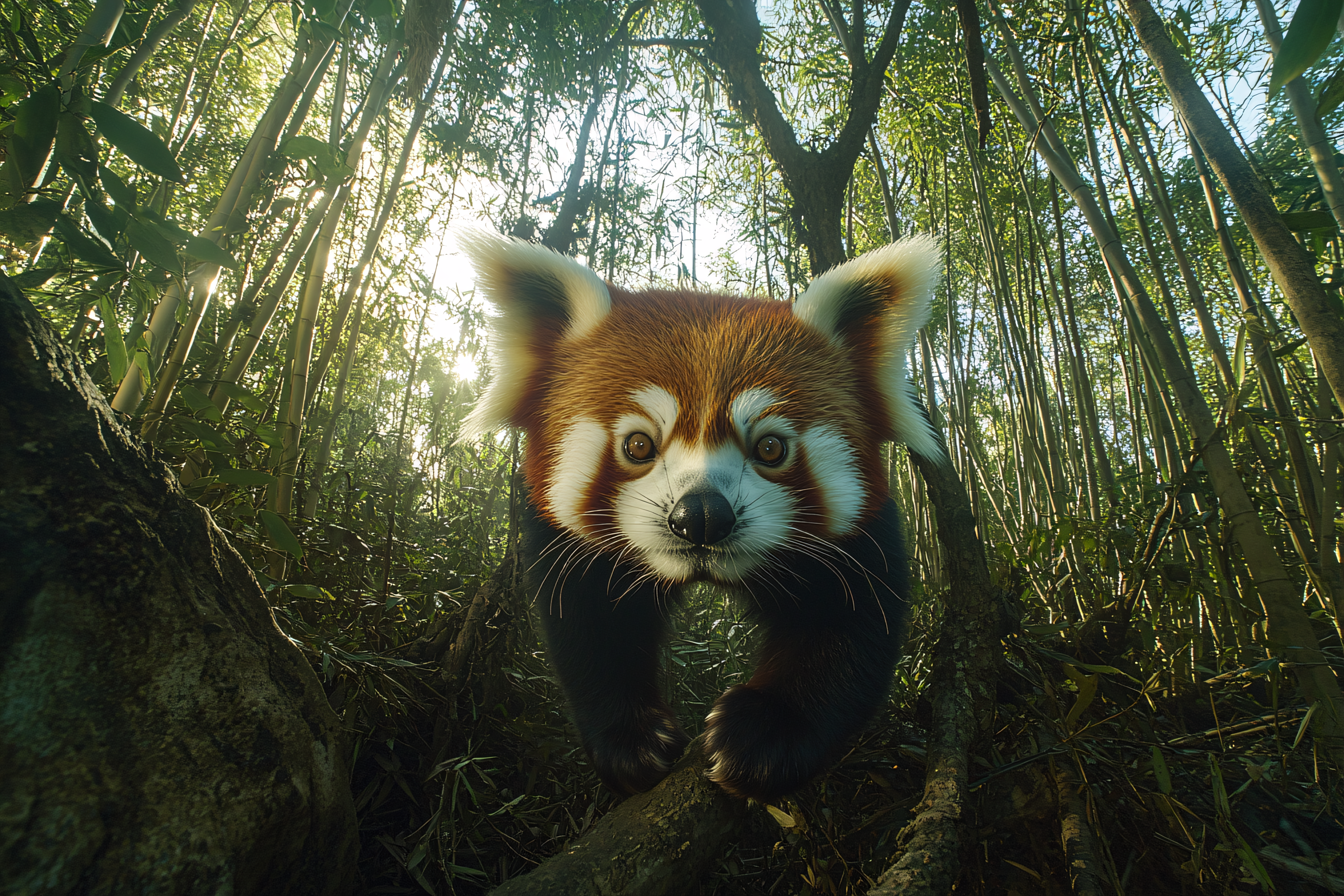Red Panda Stares Intently in Bamboo Forest