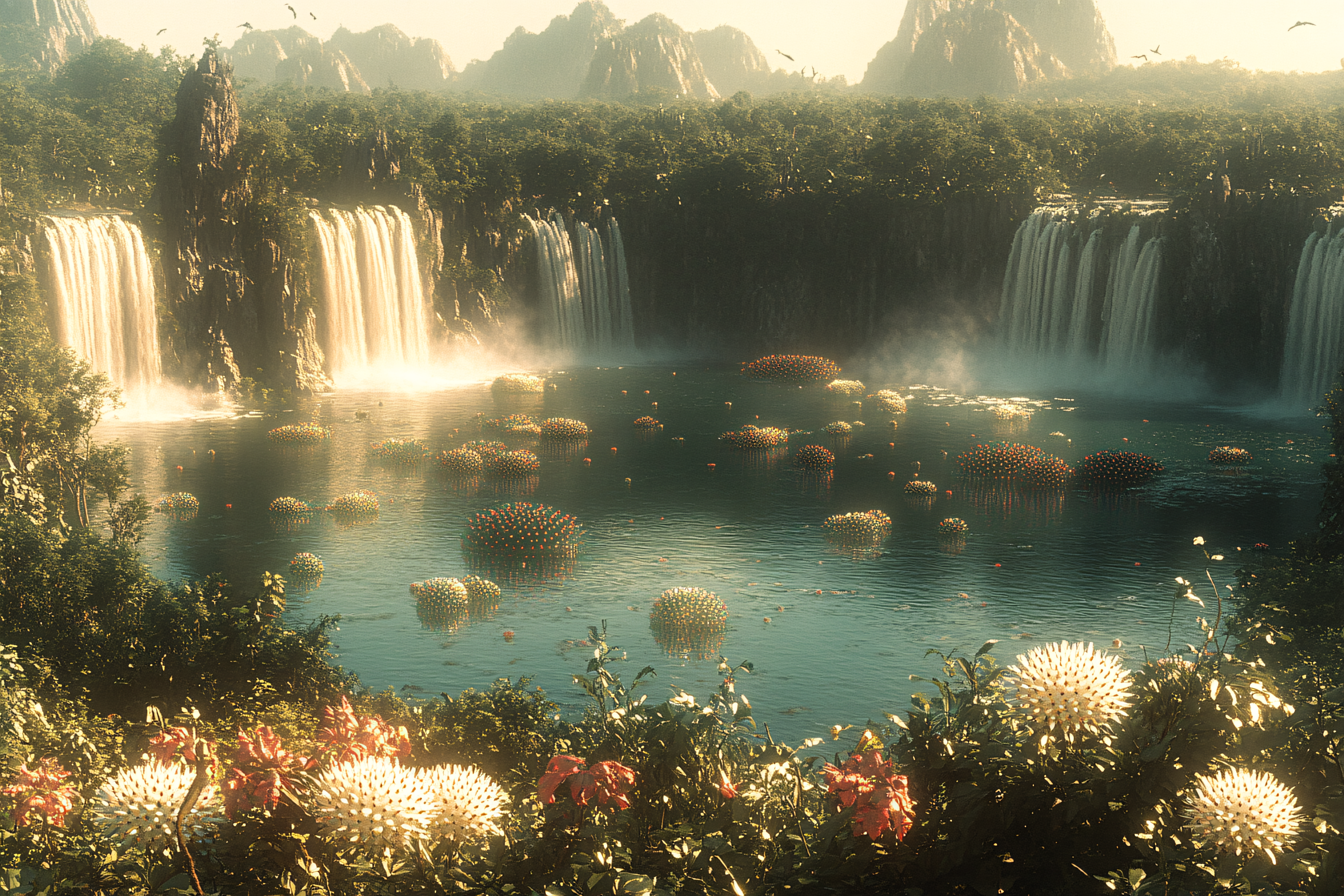 Serene Waterfall Landscape with Floating Floral Islands