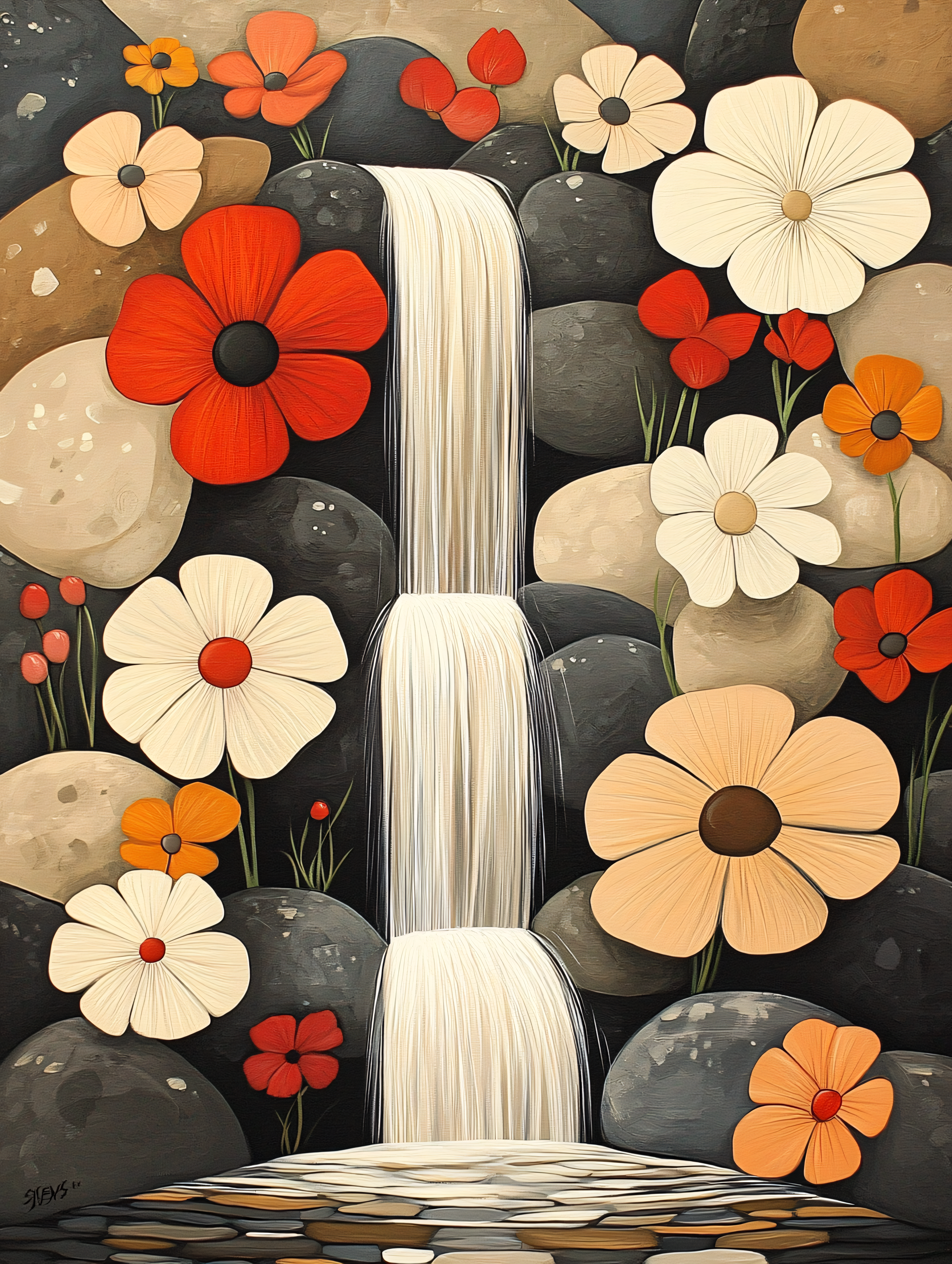 Serene Waterfall with Stylized Flowers