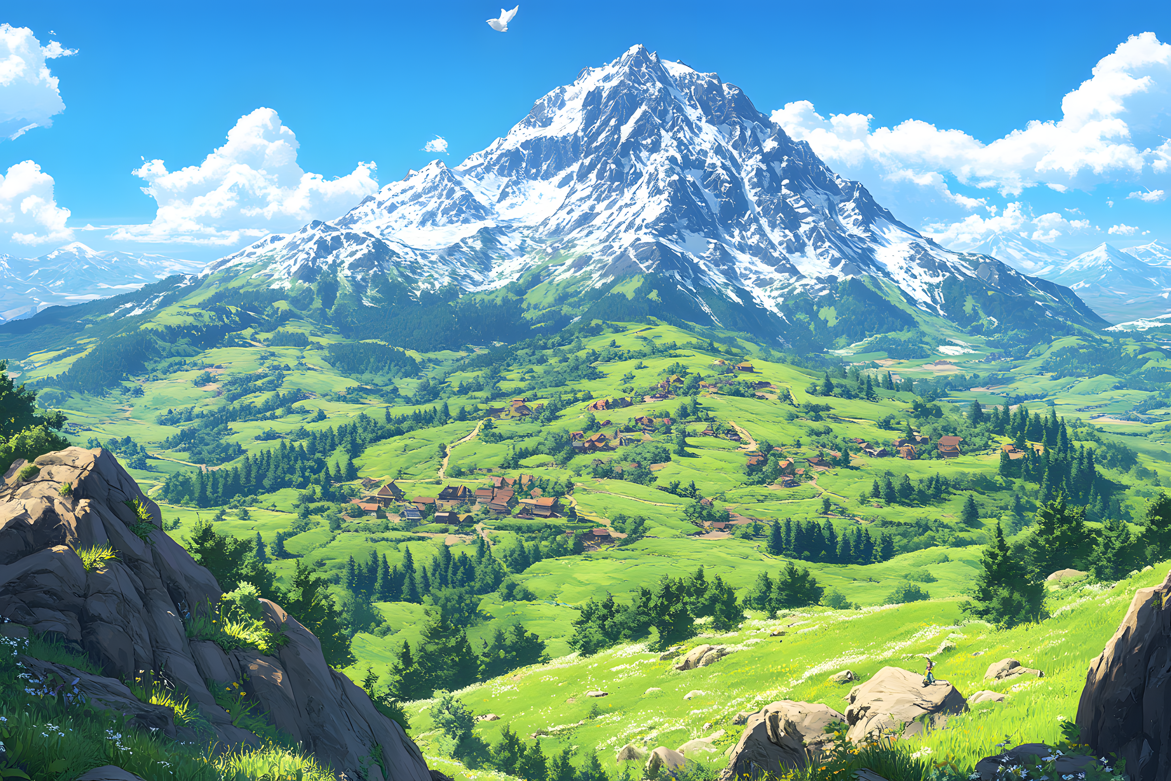 Snowy Mountain Village Landscape