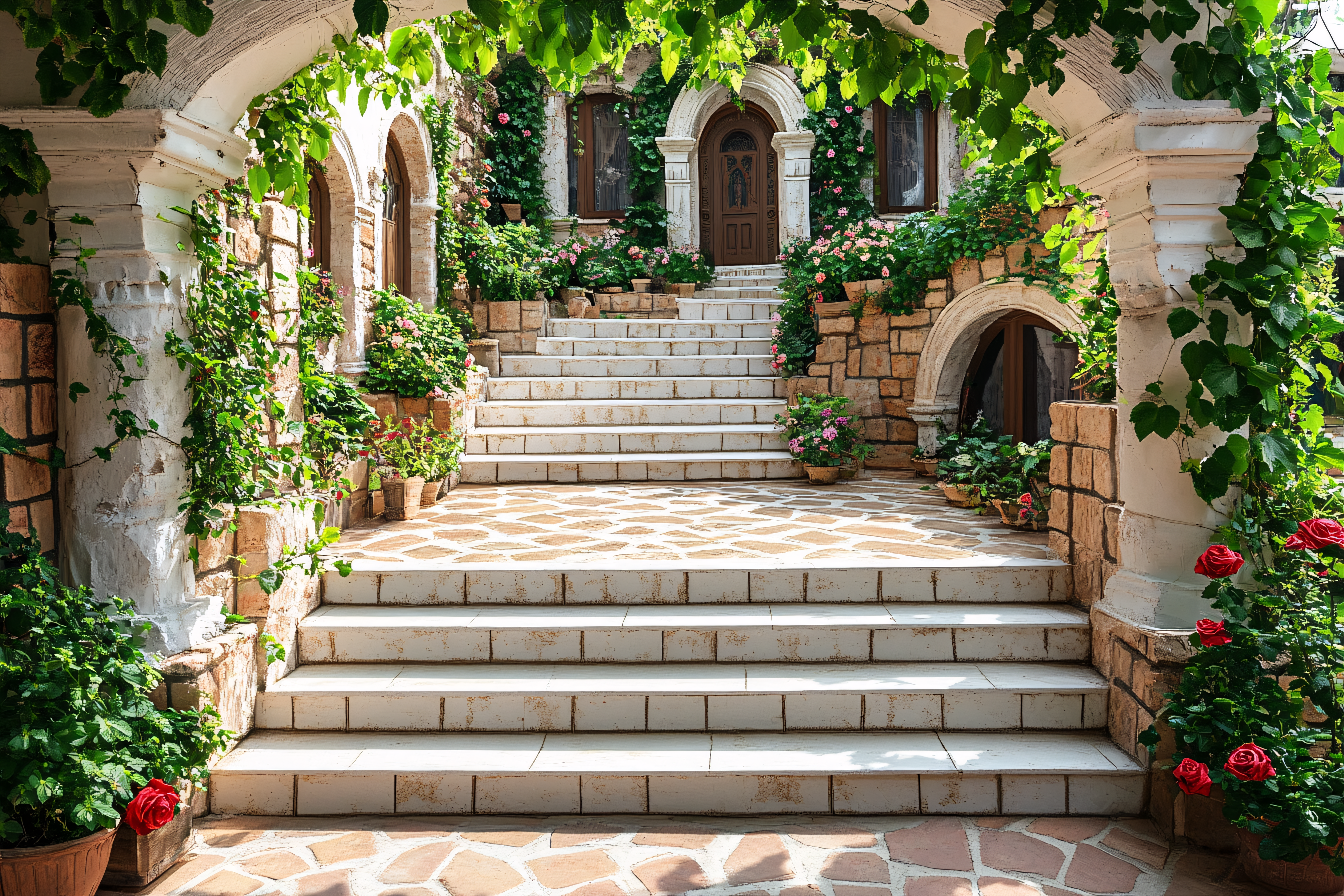 Stone Stairway Archway with Lush Green Plants