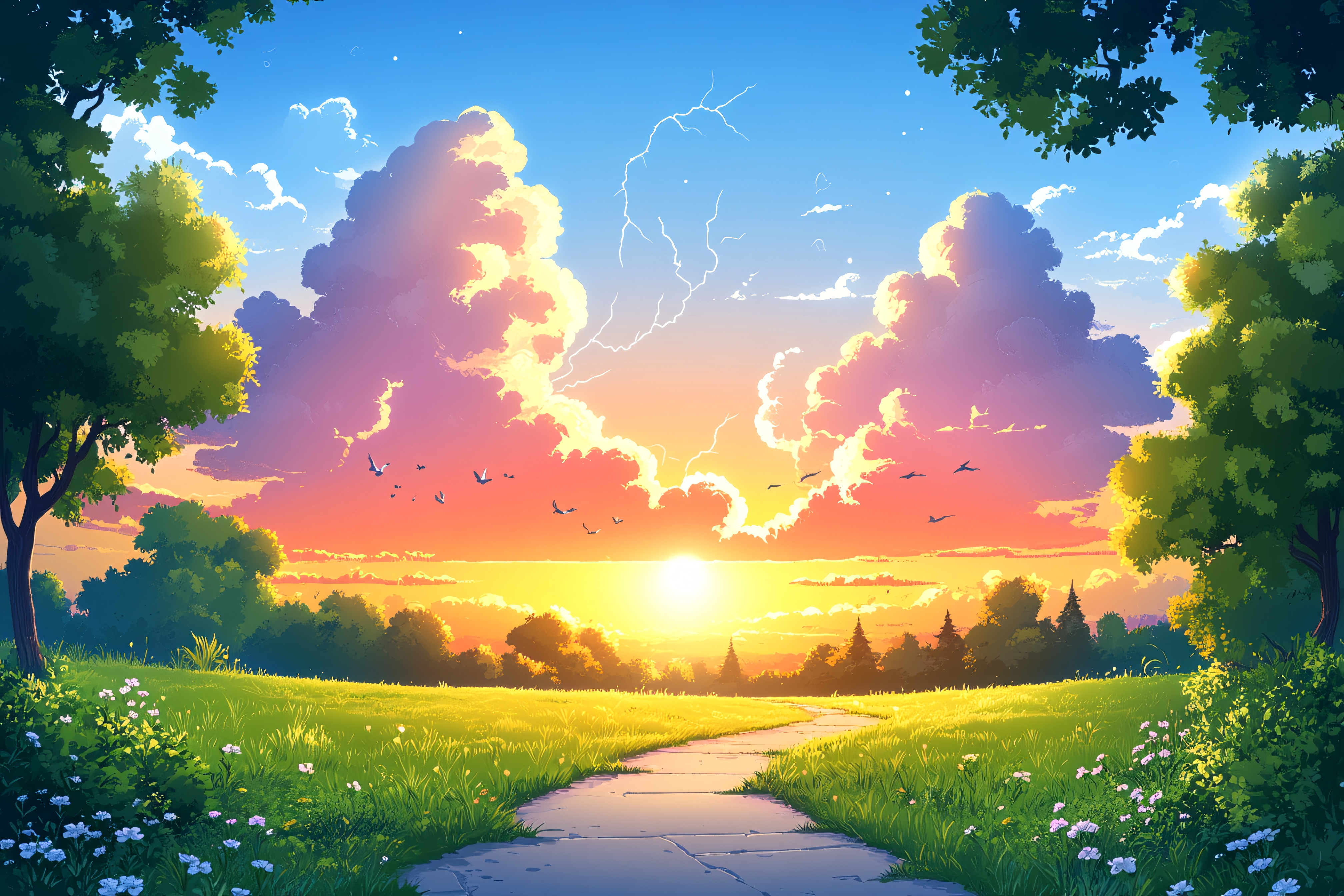 Sunset Path with Birds