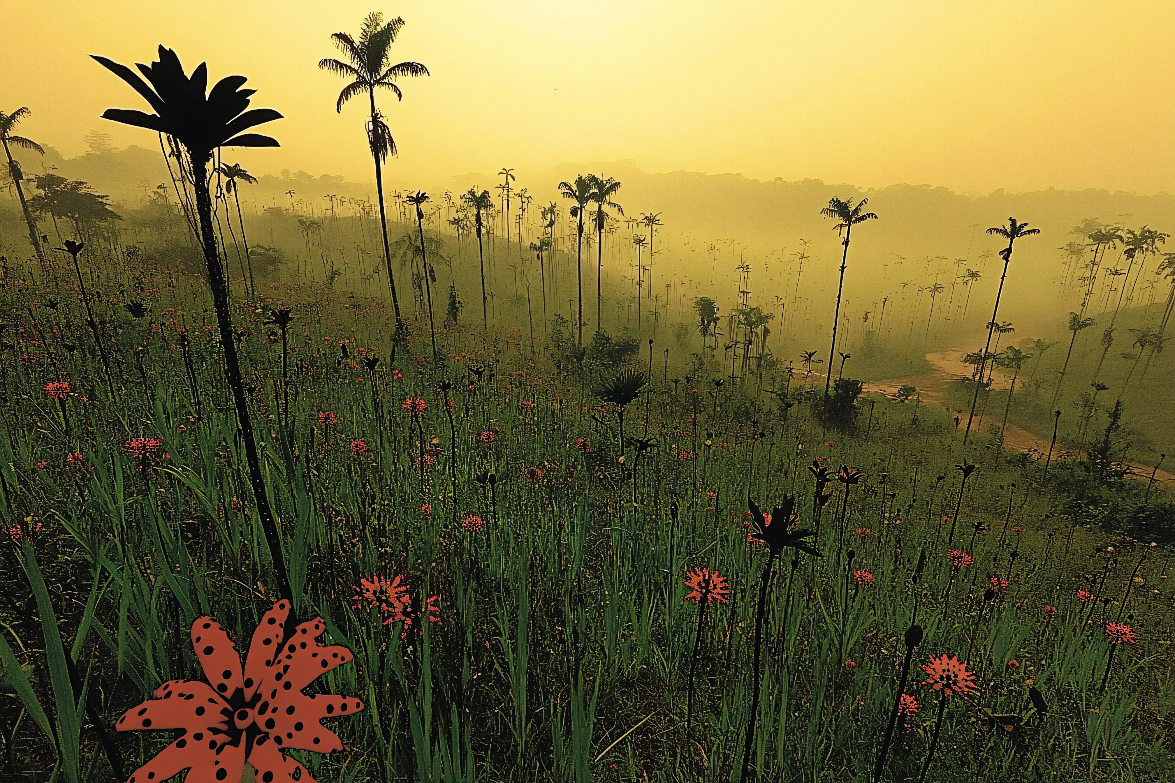 Wax Palms Valley With Flowers at Sunrise