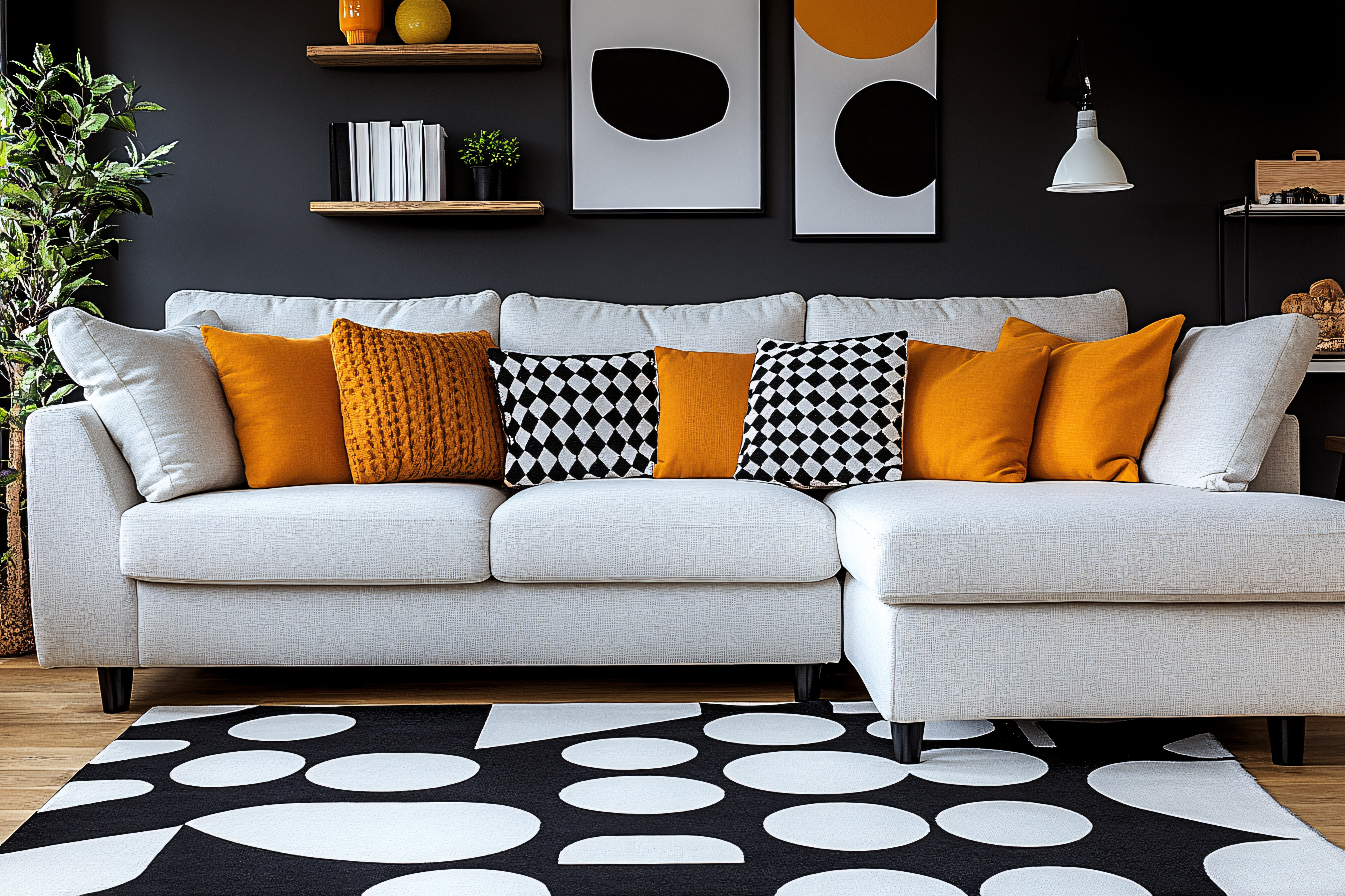 White Sofa with Orange Cushions
