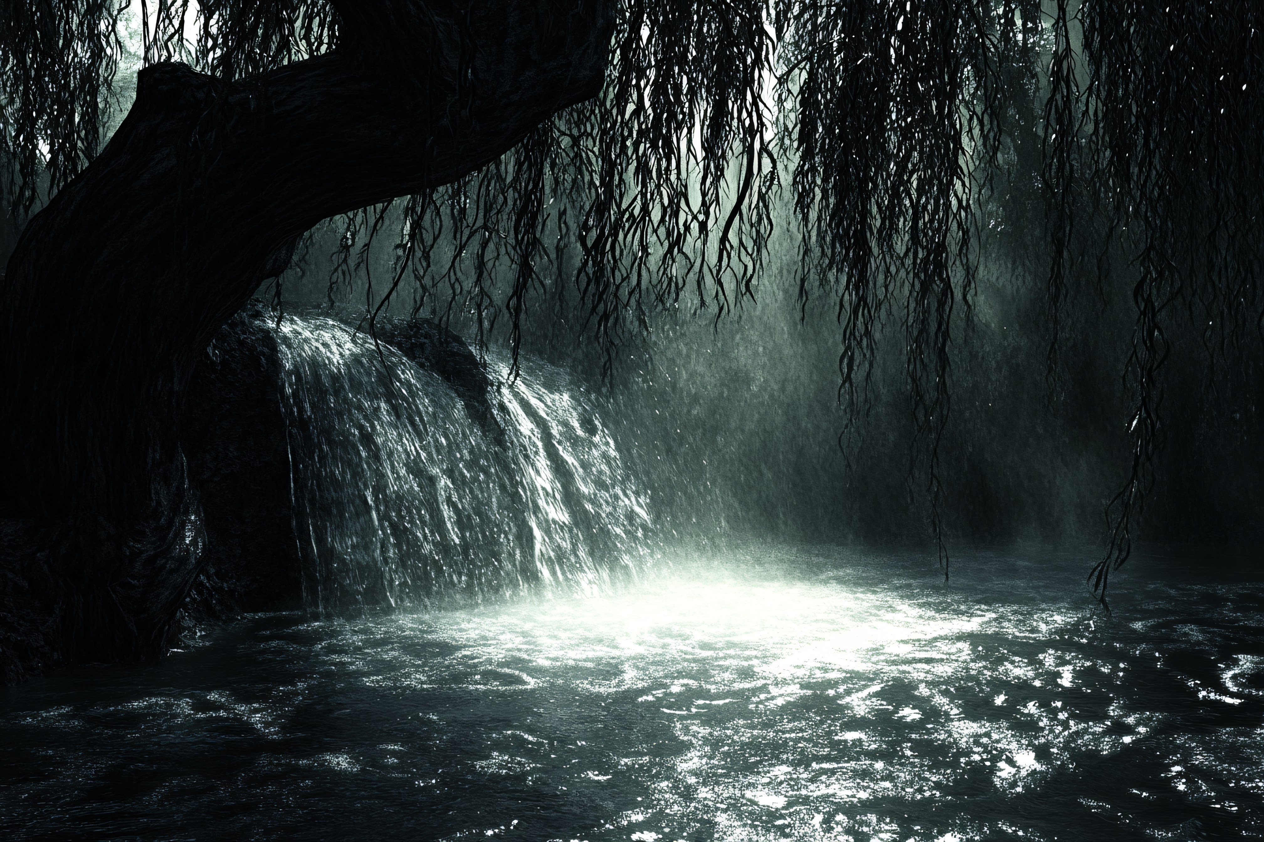 Willow Tree Waterfall Scene