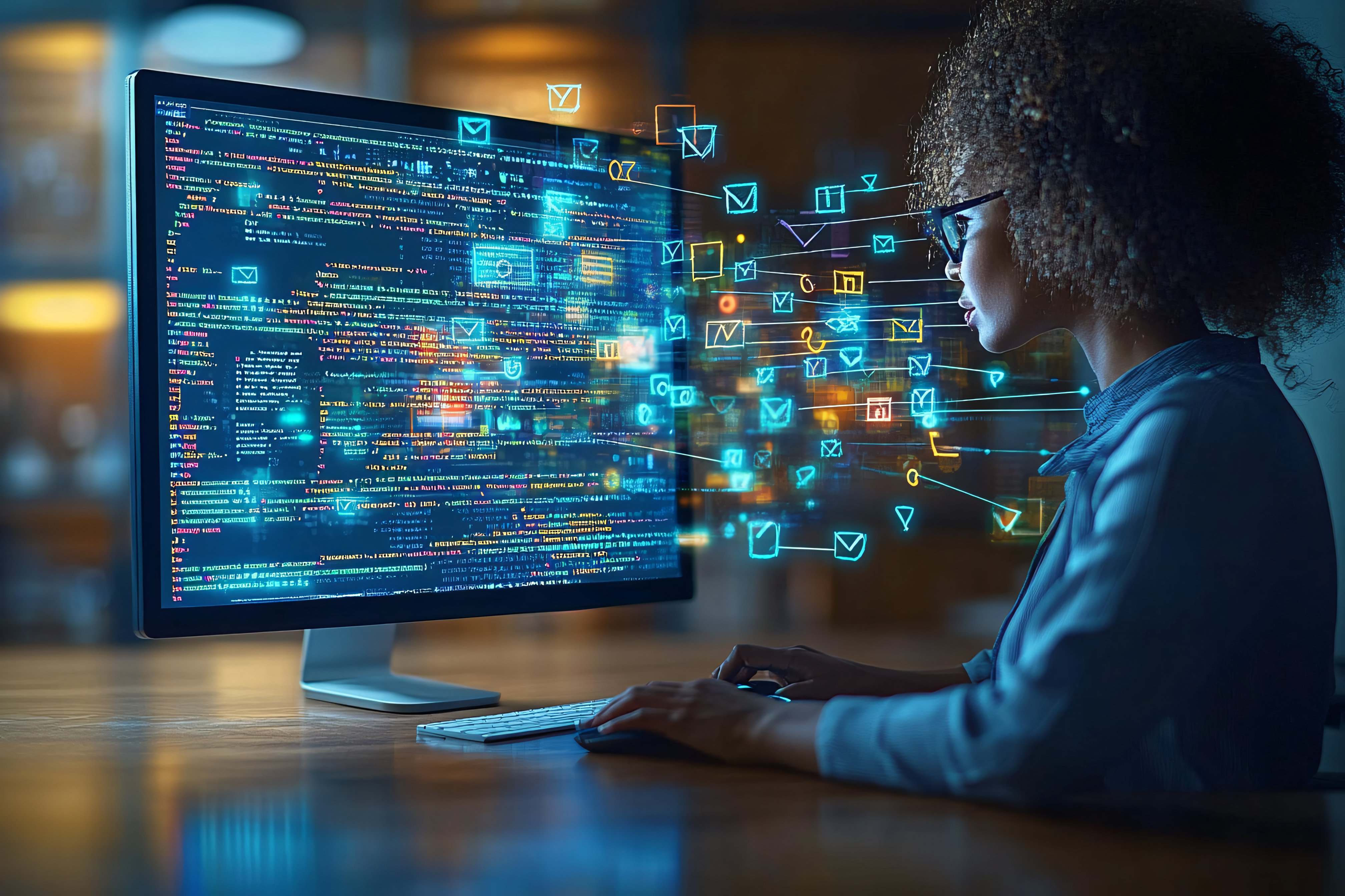 Woman Coding With Holographic Interfaces