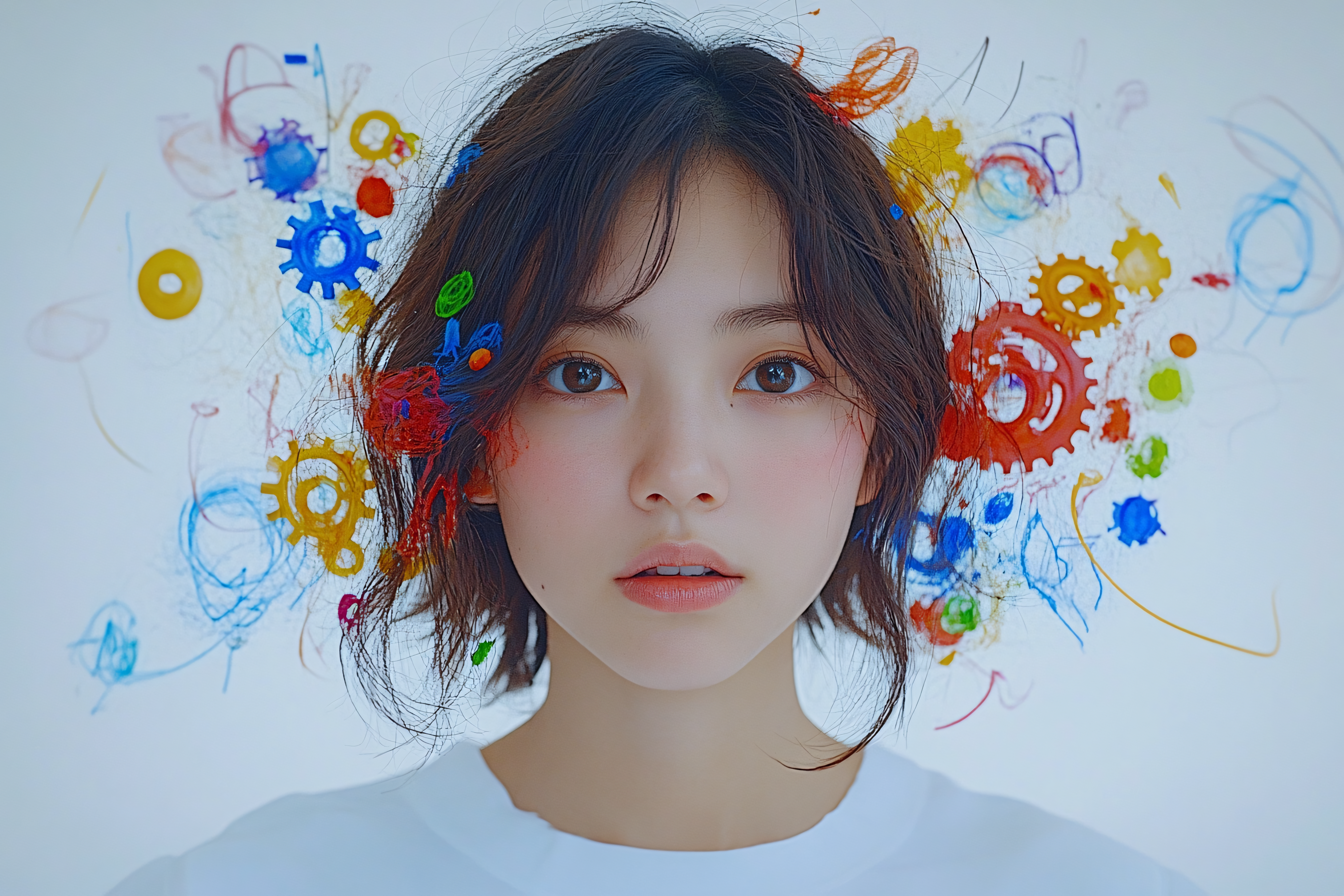 Woman With Abstract Gears And Thought Bubbles
