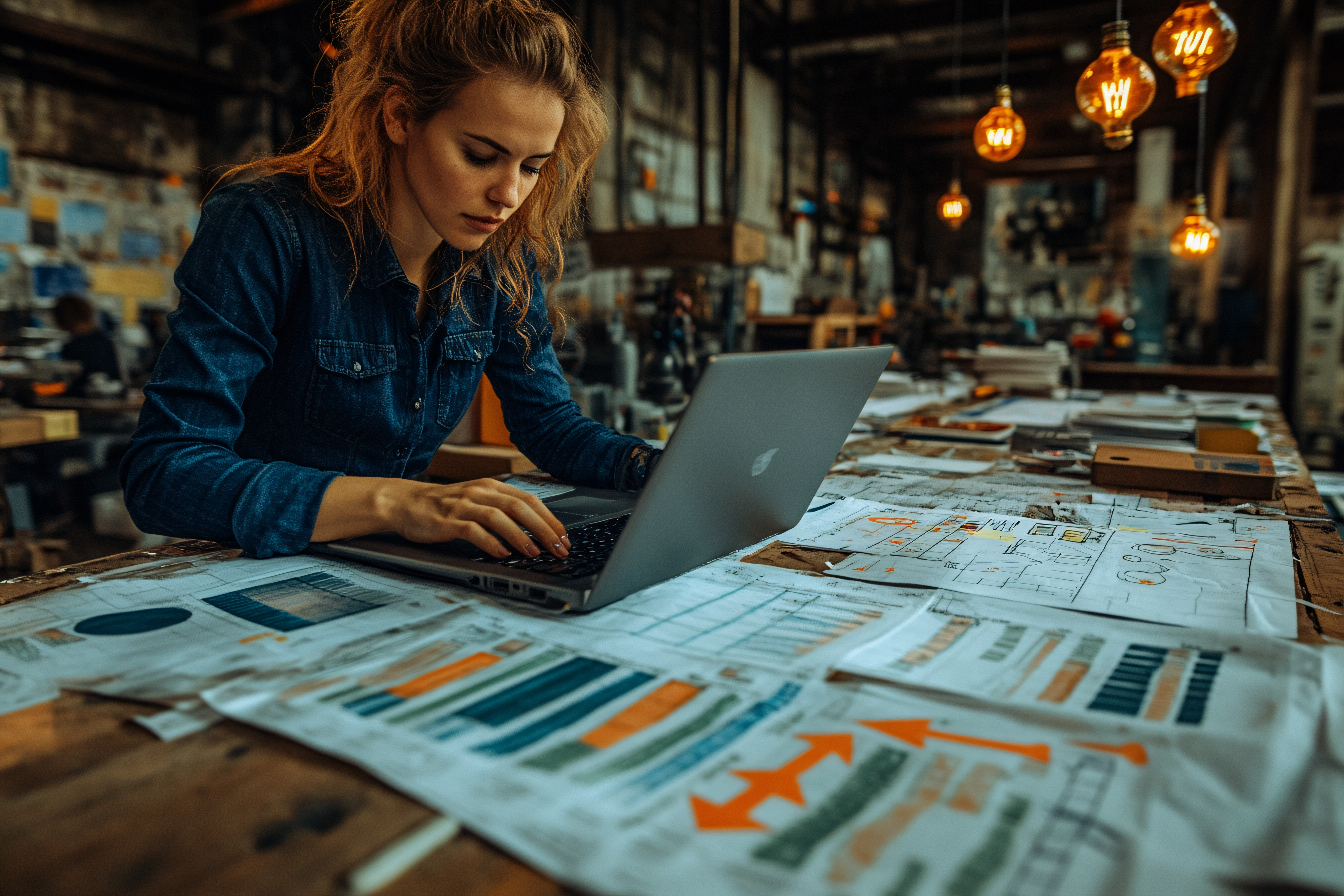Woman Working On Laptop With Blueprints