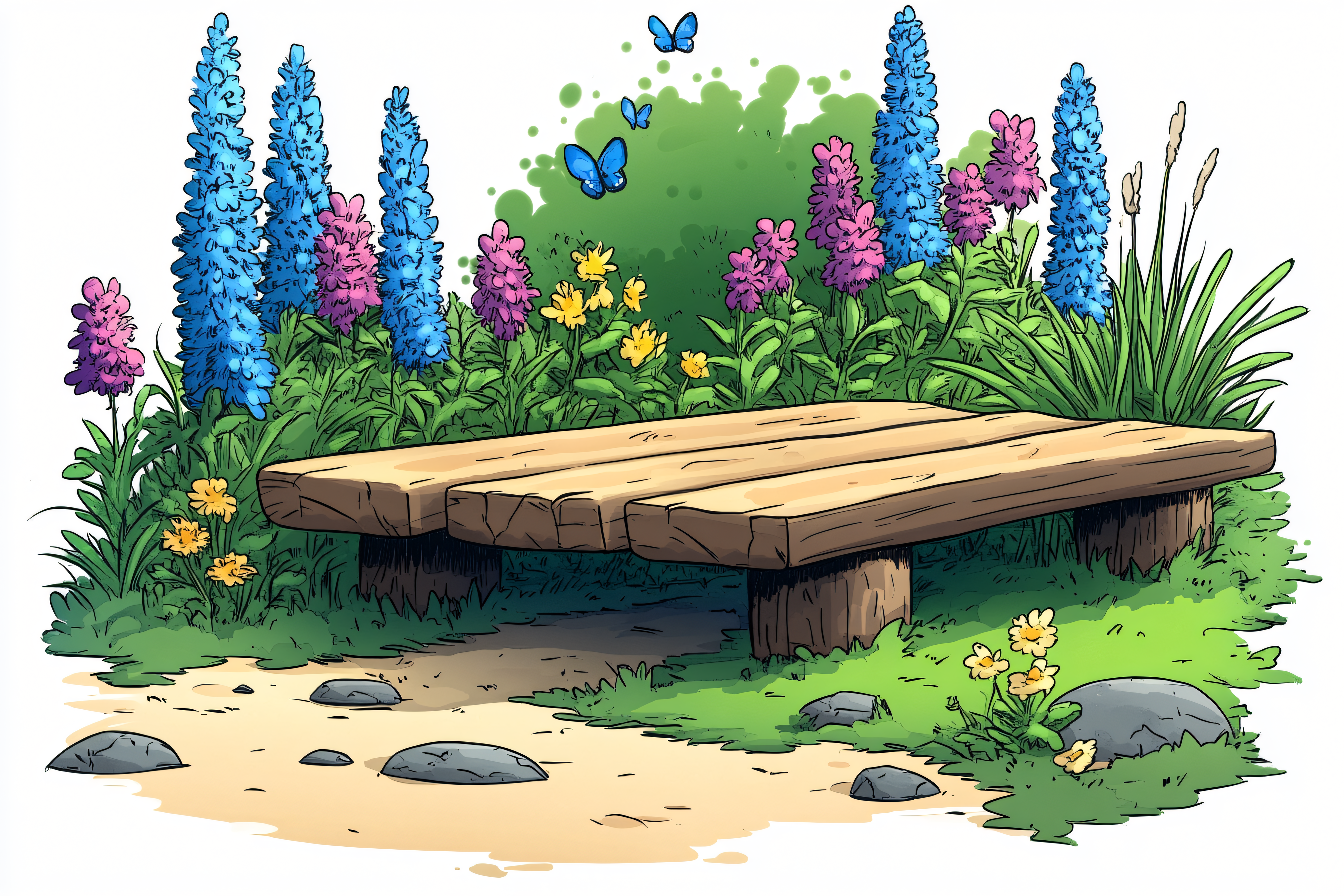 Wooden Bench in a Flower Garden