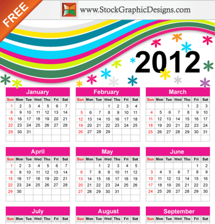 Colorful Free Vector Calendar for Year 2012