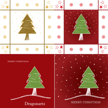 Merry Christmas Greeting Card Design with Tree and Twinkling Stars Vector