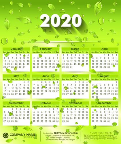 2020 Calendar with Green Leaves and Water Drops