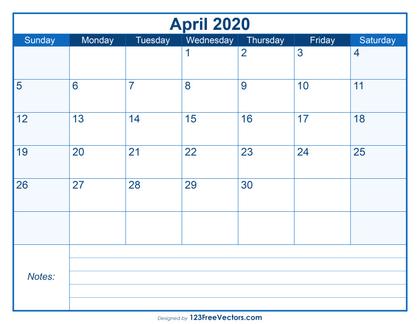 Free Download April 2020 Calendar Template