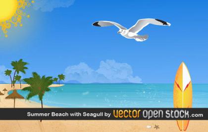 Summer Beach with Seagulls Vector