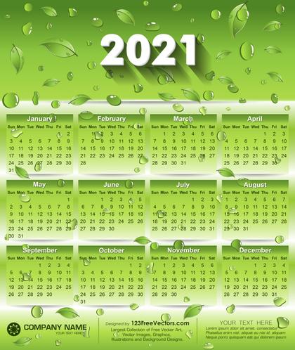 Green 2021 Calendar with Water Droplets