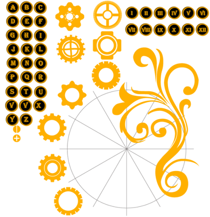 Vector Alphabet Letters and Numbers with Gear Wheel Illustration