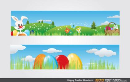 Free Vector Easter Banners with Easter Bunny, Basket Full of Easter Eggs and Flowers on Landscape