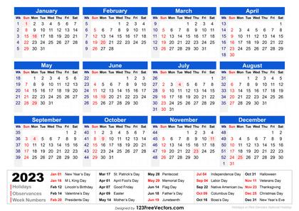 2023 Holiday Calendar with Week Numbers Printable