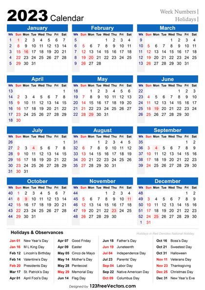 2023 Holiday Calendar with Week Numbers