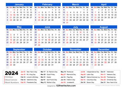 2024 Holiday Calendar with Week Numbers Printable