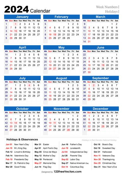 2024 Holiday Calendar with Week Numbers