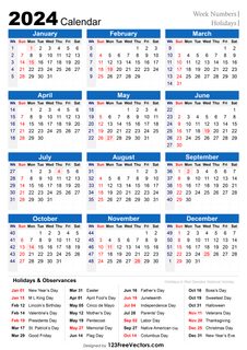 2024 Holiday Calendar with Week Numbers