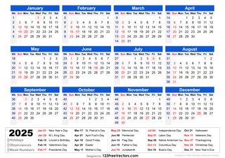 2025 Holiday Calendar with Week Numbers Printable