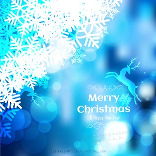 Merry Christmas Blue Background with Snowflakes and Reindeer